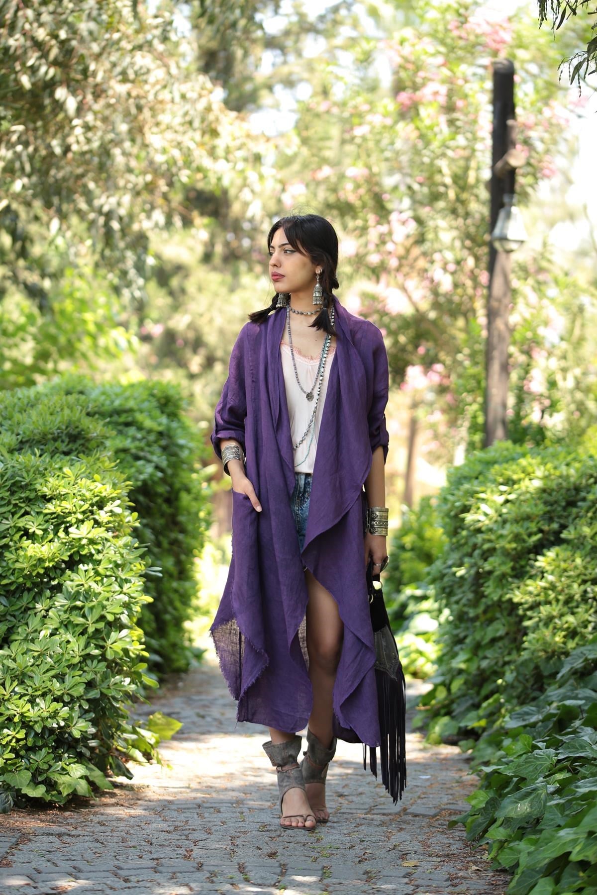 Mor Asimetrik Keten Kaftan - Şaman Butik Mor Asimetrik Keten Kaftan