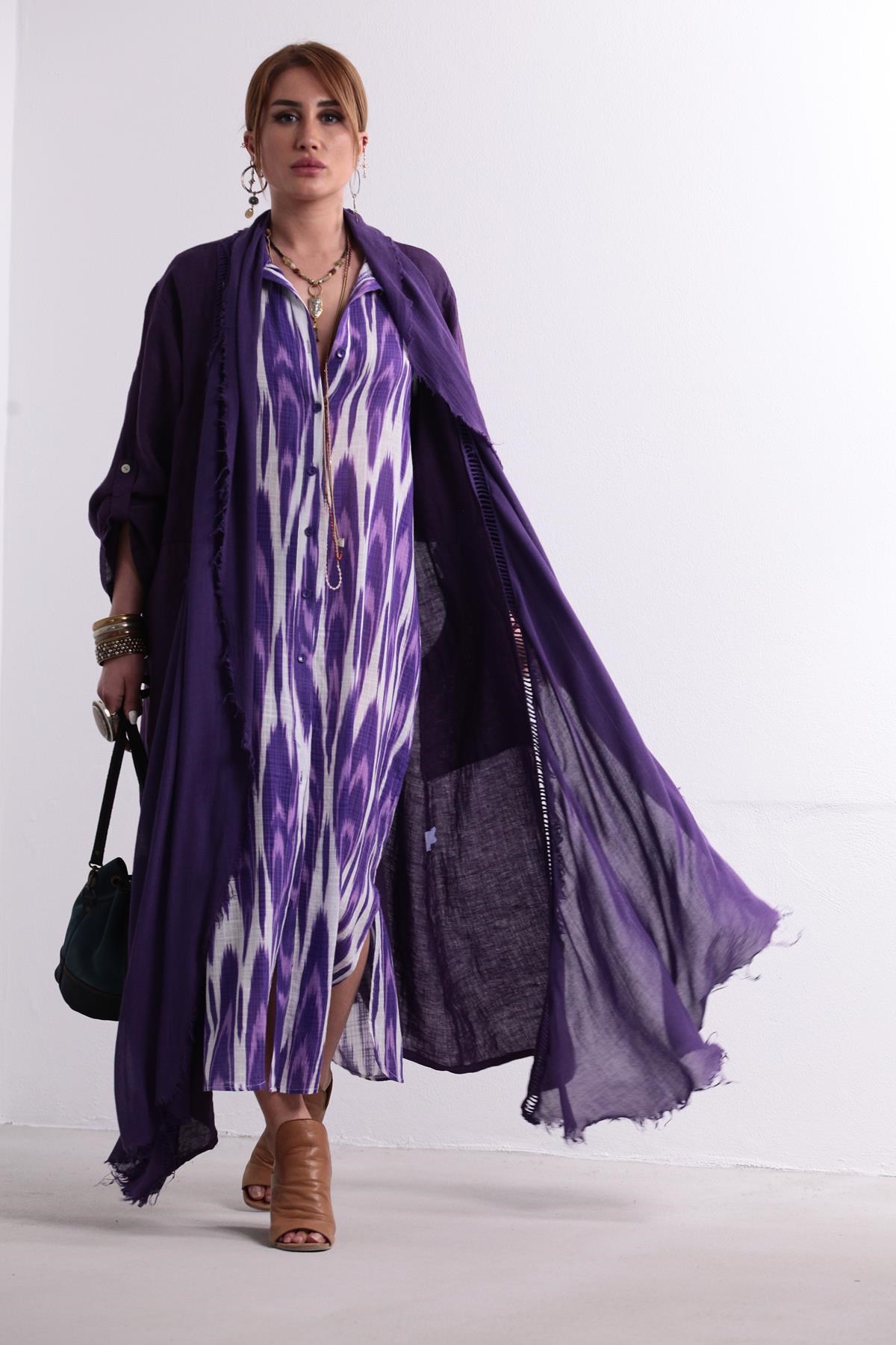 Mor Sırt Detaylı Keten Kaftan - Şaman Butik Mor Sırt Detaylı Keten Kaftan