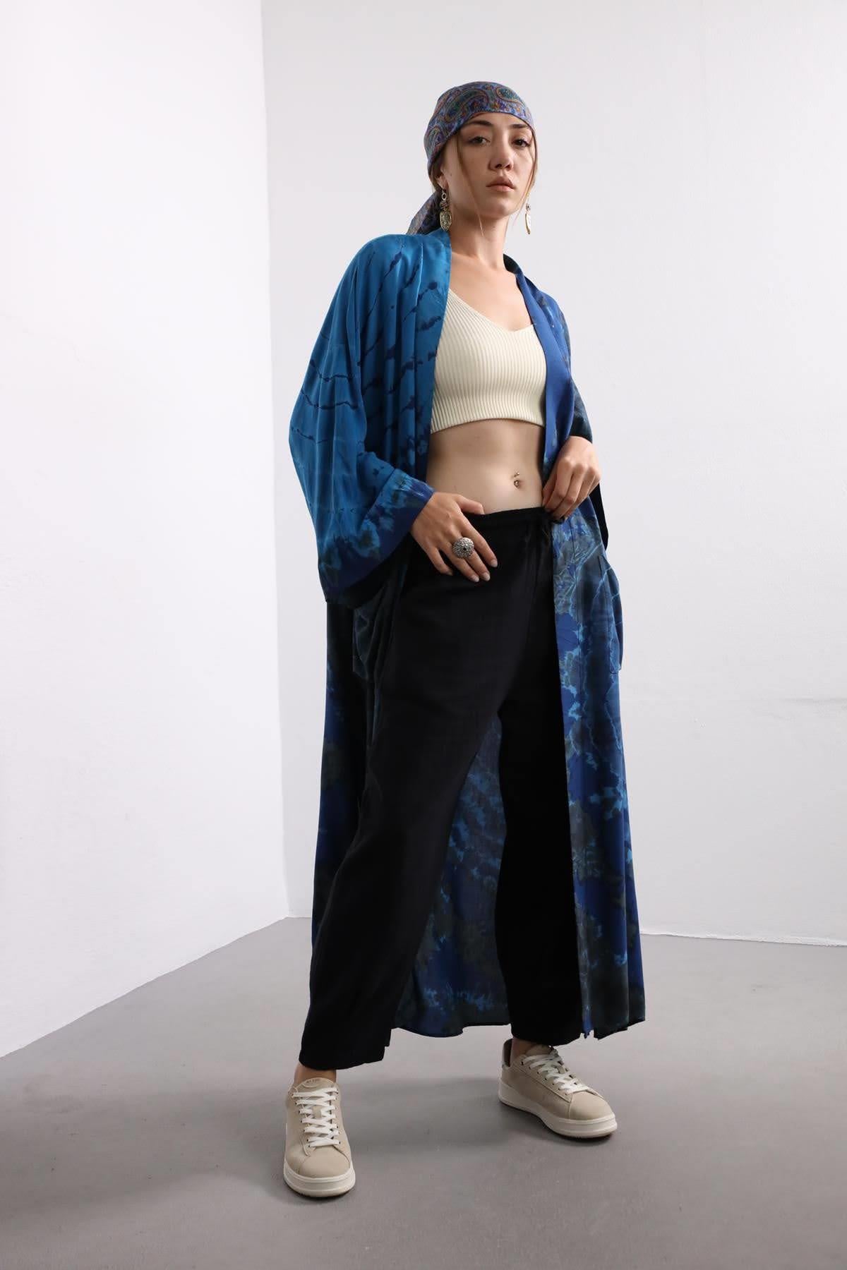 Sax Blue Tie Dye Kimono - Saman Butik | Shop Online Sax Blue Tie Dye Kimono
