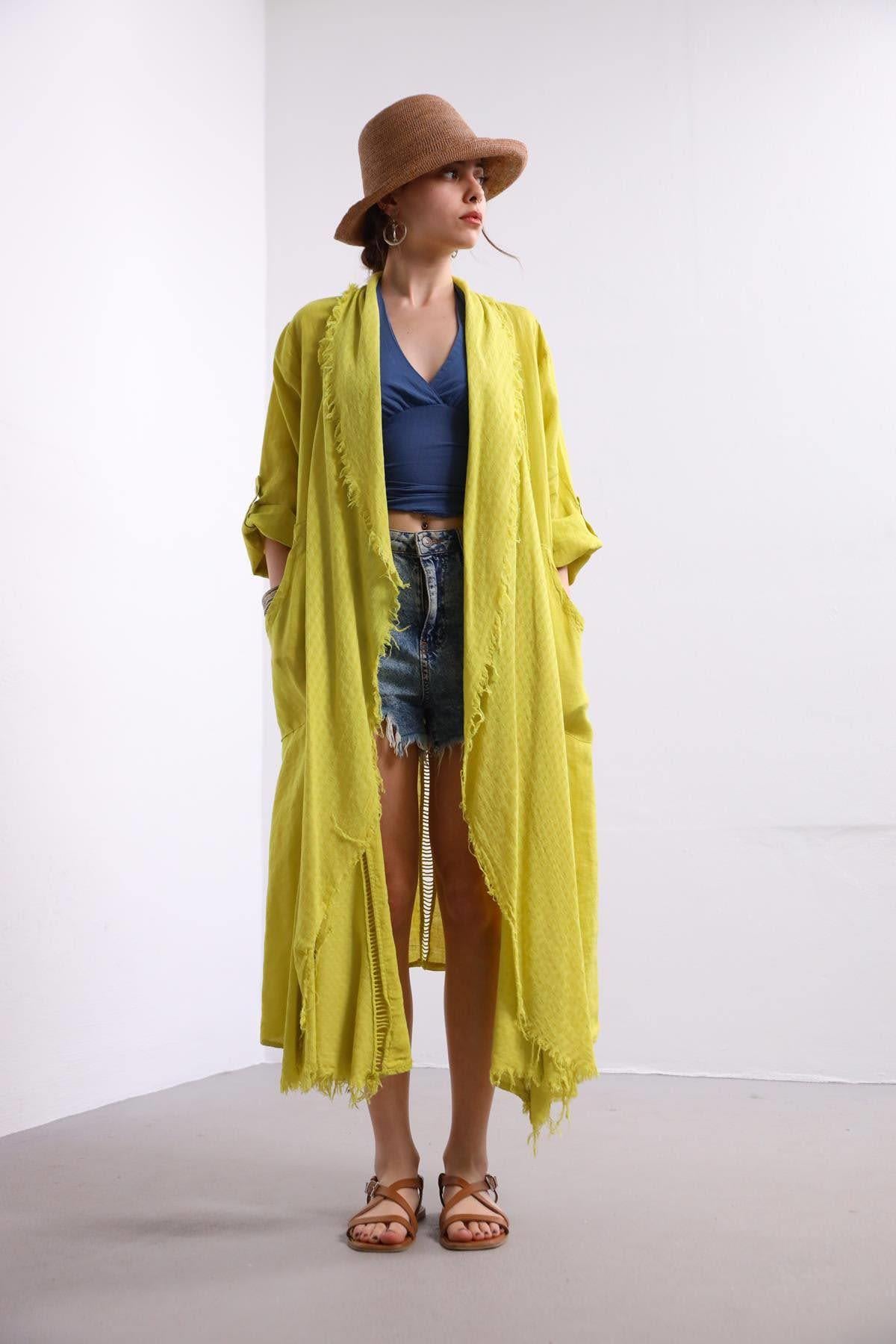  Sarı Sırt Detaylı Keten Kaftan