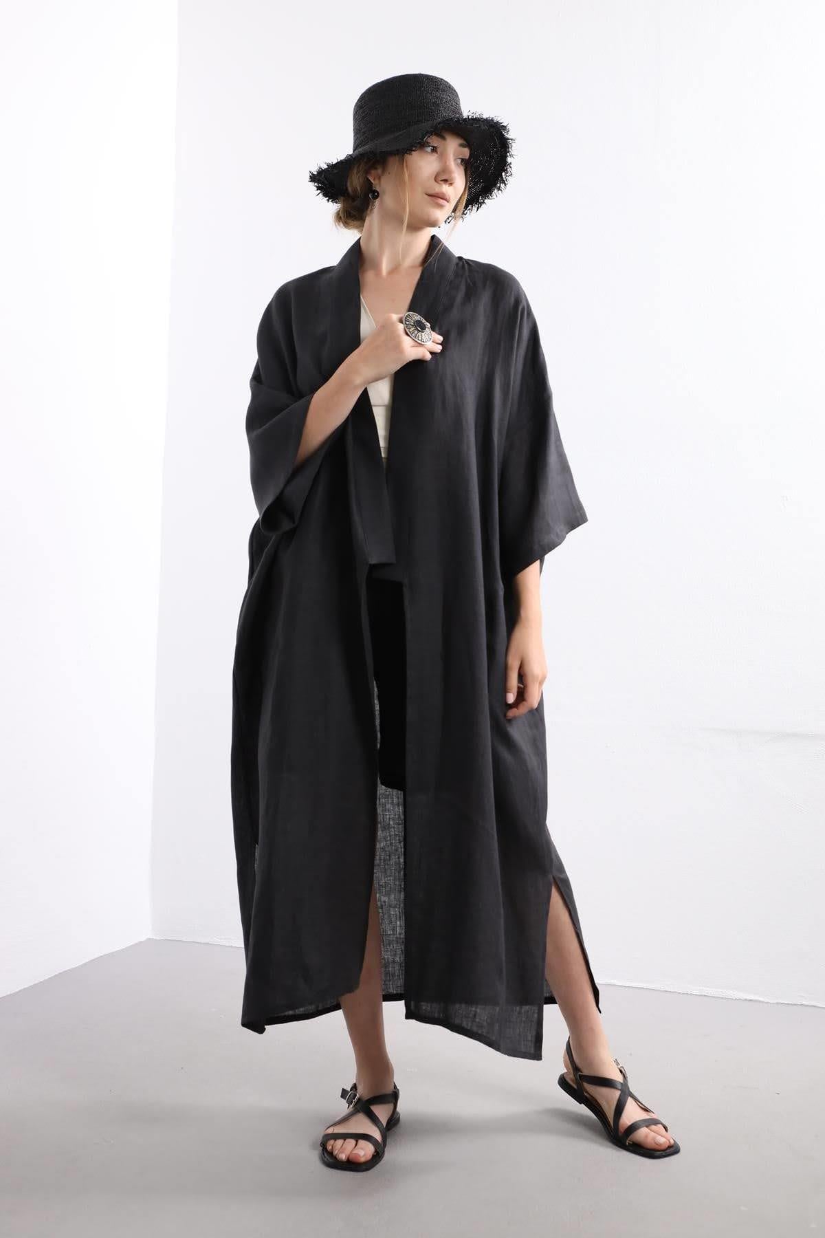 Siyah Arkası Daire Desenli Keten Kaftan - Şaman Butik Siyah Arkası Daire Desenli Keten Kaftan