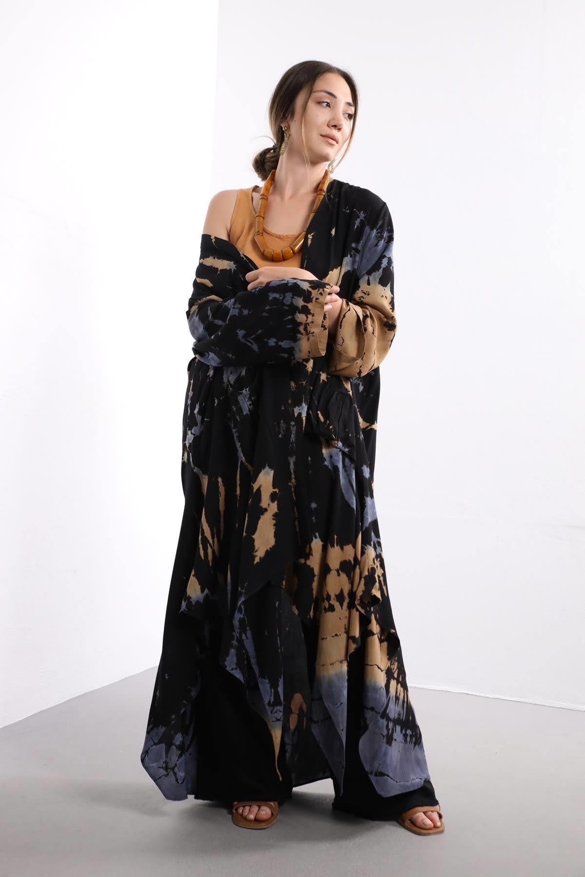  Siyah Batik Desenli Cep Detay Kaftan
