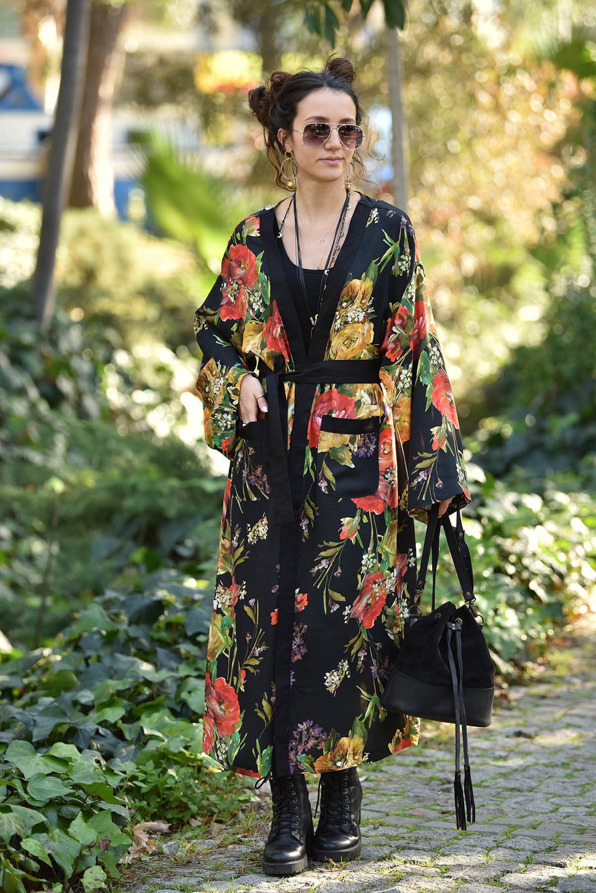 Siyah Çiçek Desenli Kimono - Şaman Butik - Bohem Giyim ve Aksesuar | Kadın  & Erkek