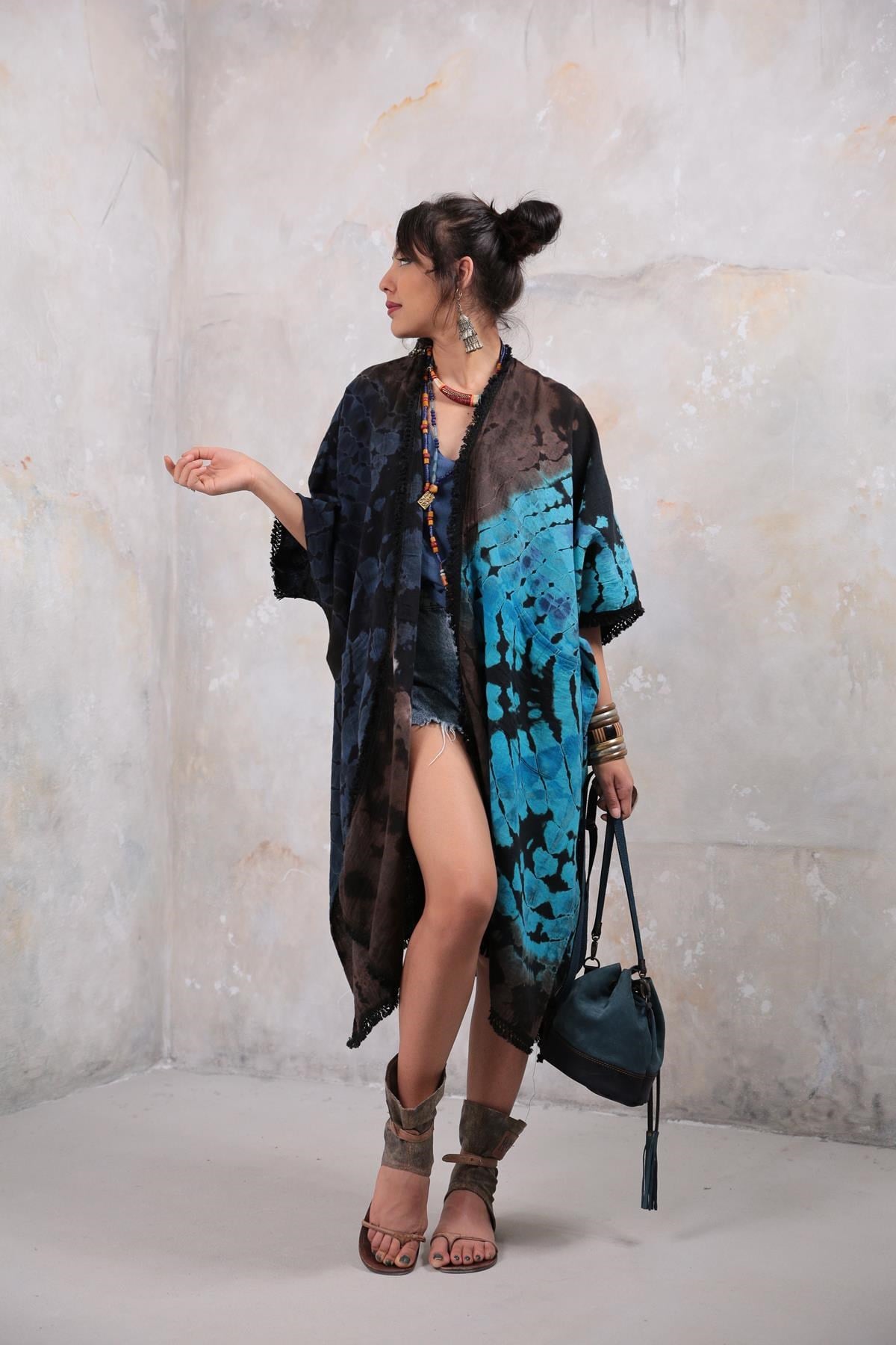 Siyah Kahve Desenli Batikli Kaftan - Şaman Butik Siyah Kahve Desenli Batikli Kaftan