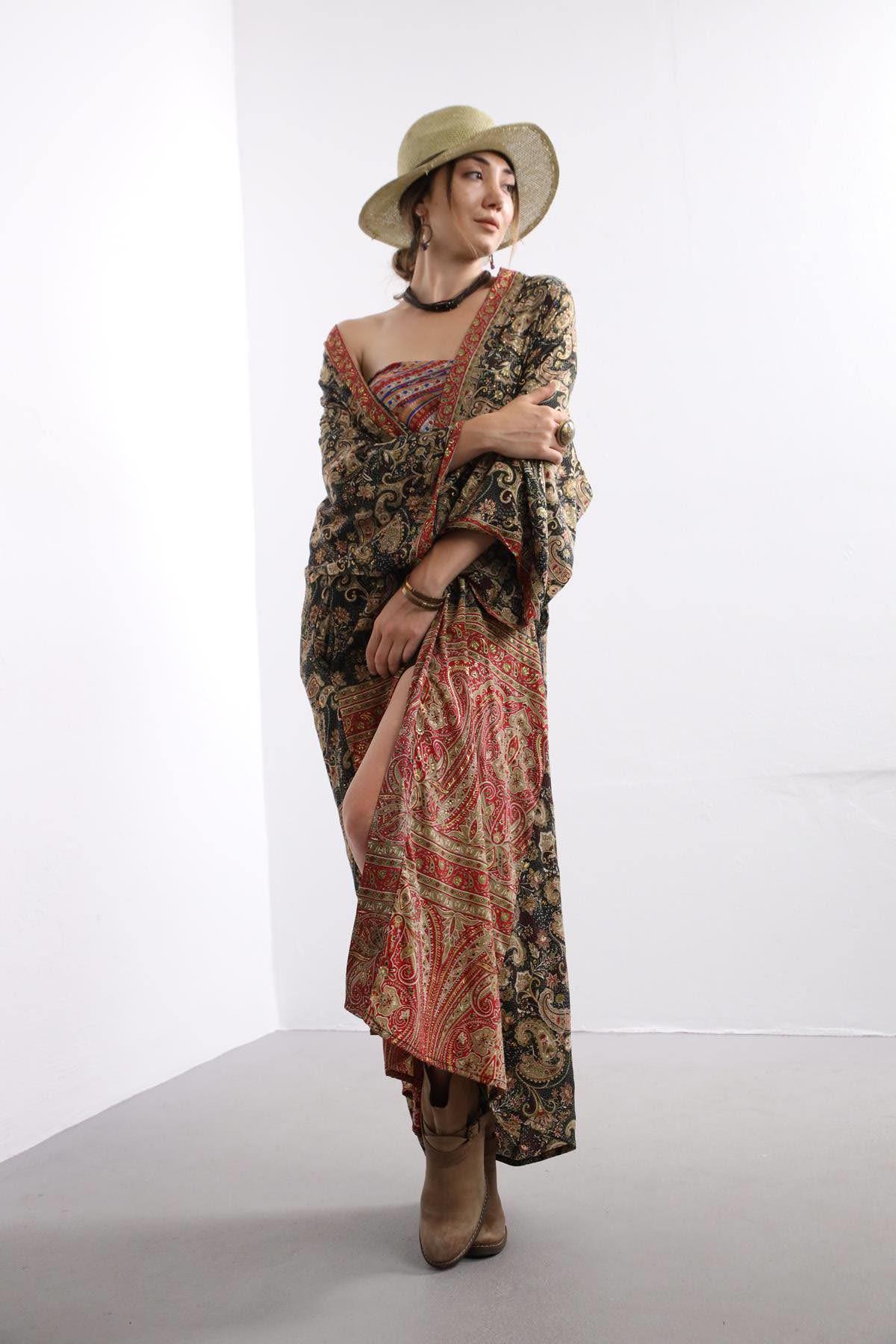 Siyah Şal Desen Gold Detaylı Kaftan - Şaman Butik Siyah Şal Desen Gold Detaylı Kaftan