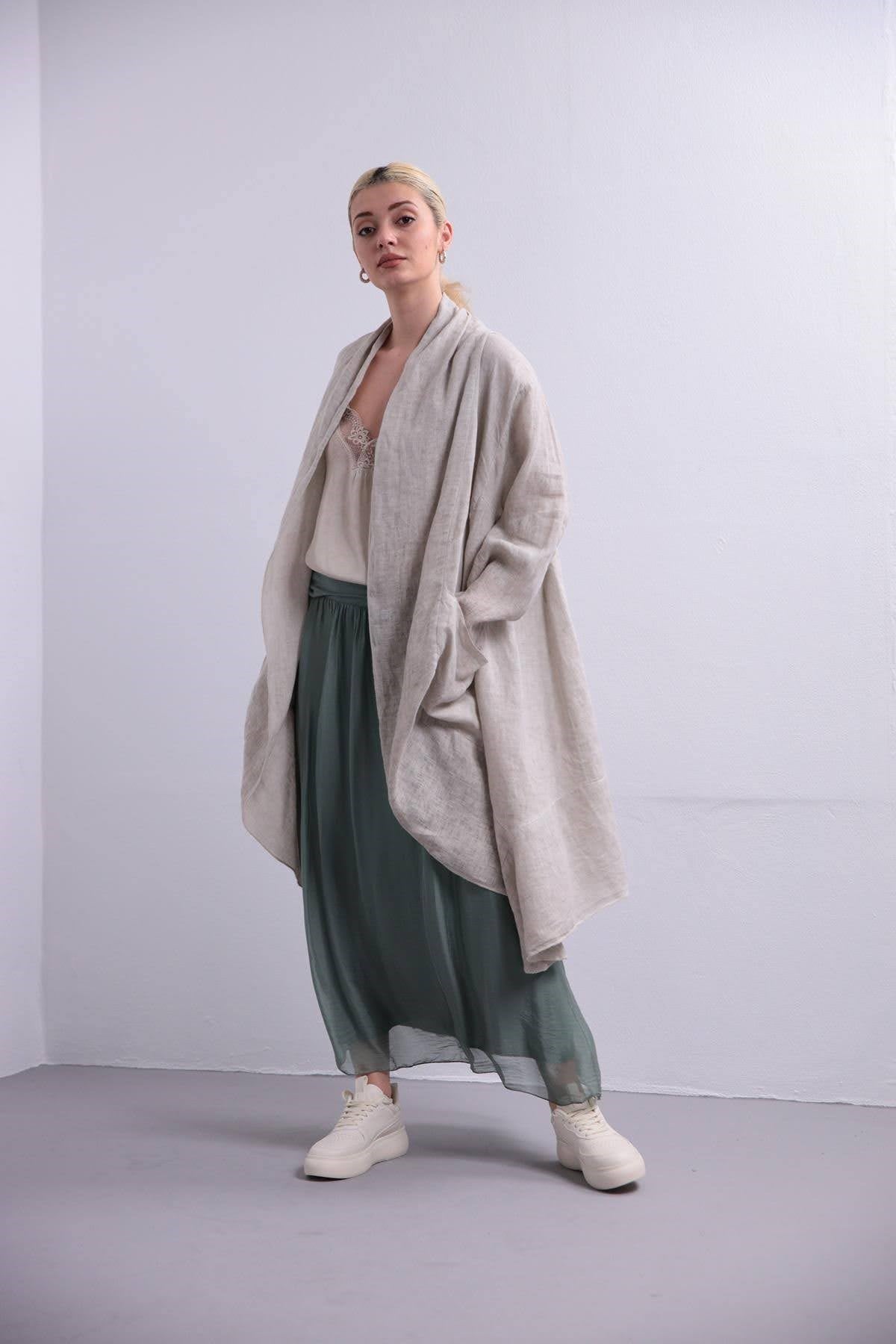 Taş Rengi Şal Yaka Yağ Yıkama Kaftan - Şaman Butik Taş Rengi Şal Yaka Yağ Yıkama Kaftan
