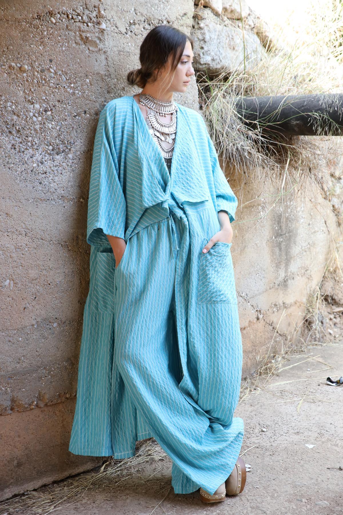  Turkuaz Çizgili Kaftan