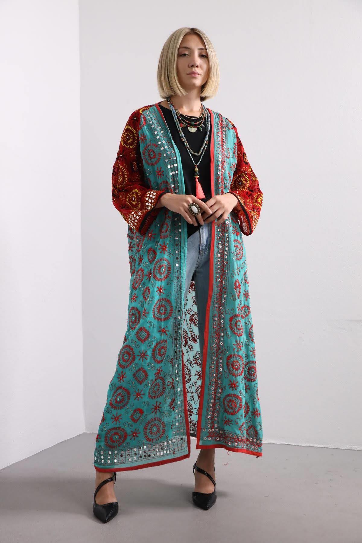Turkuaz İşlemeli Bohem Uzun Kaftan - Şaman Butik Turkuaz İşlemeli Bohem Uzun Kaftan