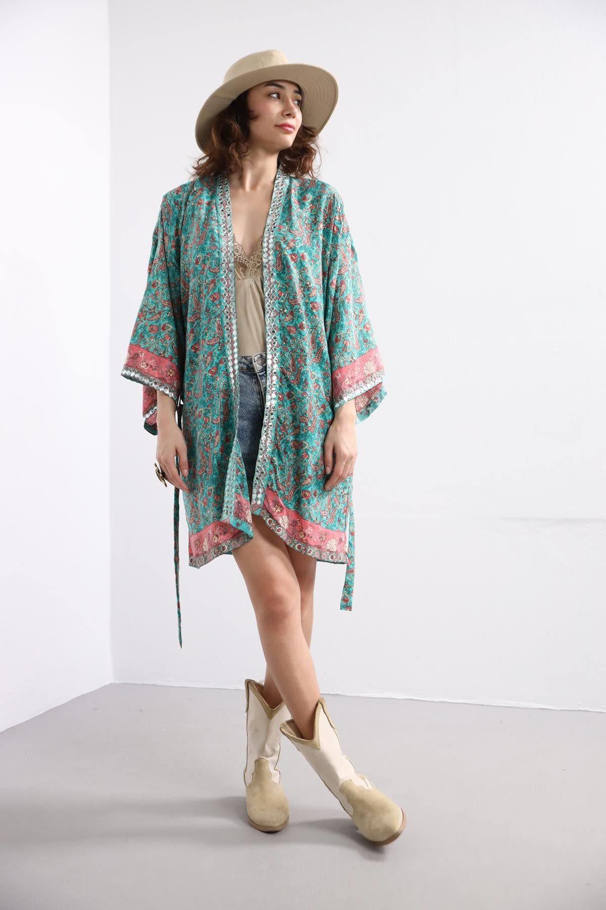 Turkuaz Şal Desen Pullu Kaftan - Şaman Butik Turkuaz Şal Desen Pullu Kaftan