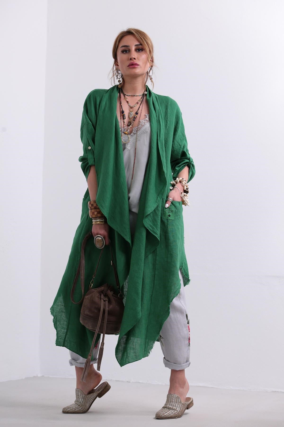 Yeşil Asimetrik Keten Kaftan - Şaman Butik Yeşil Asimetrik Keten Kaftan
