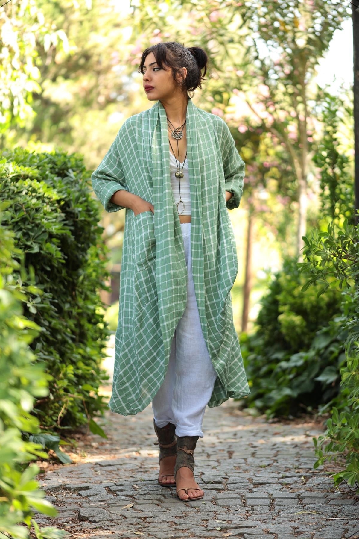  Yeşil Kareli Cepli Keten Kaftan