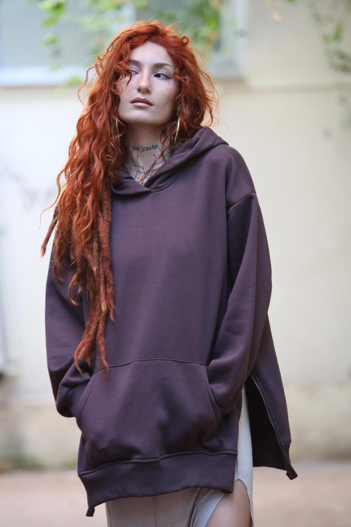 Kahverengi Kapüşonlu Kanguru Cepli Fermuar Detaylı Sweat