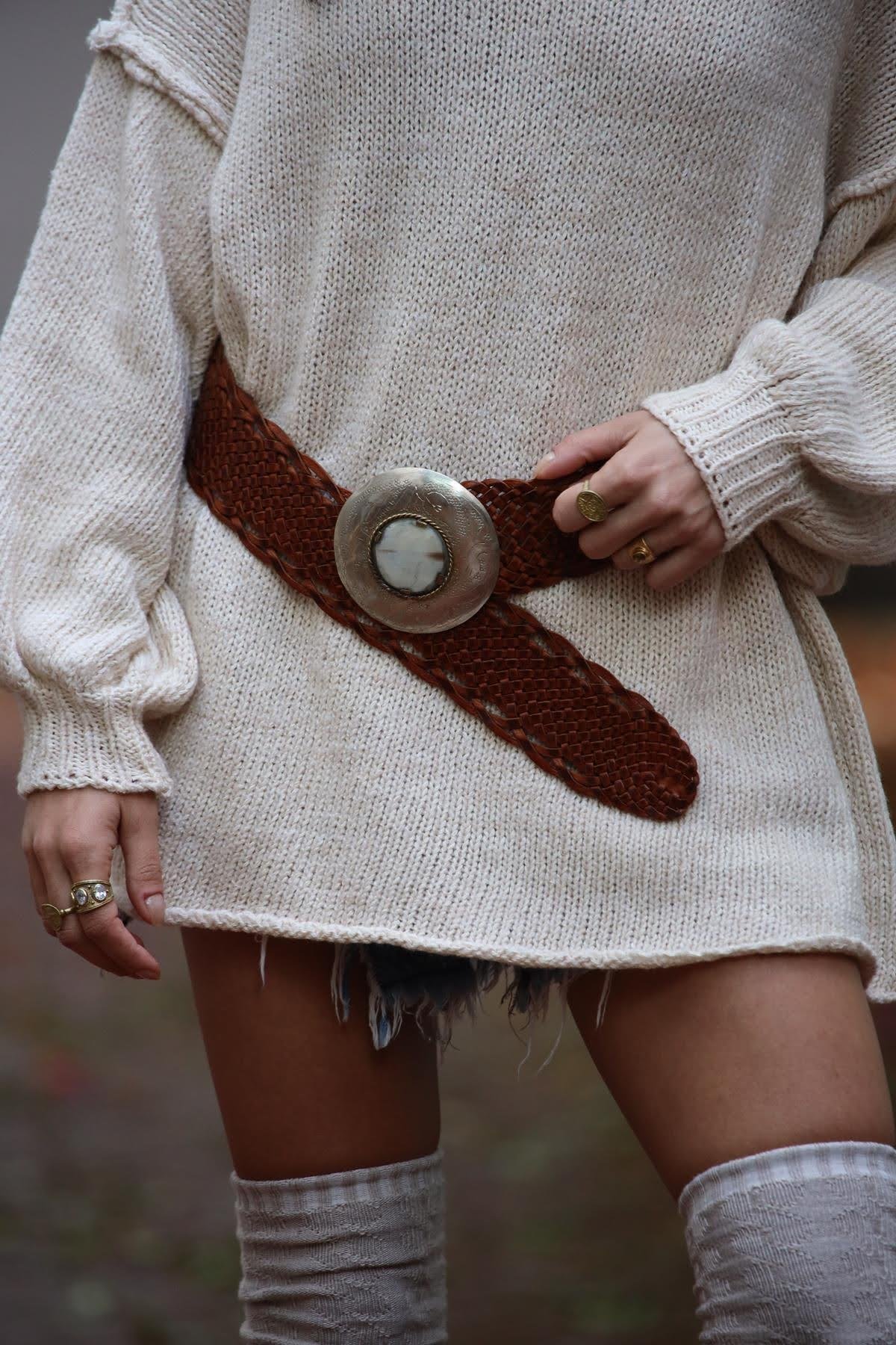 Kahverengi Taşlı Tokalı Deri Dokuma Tasarım Kemer