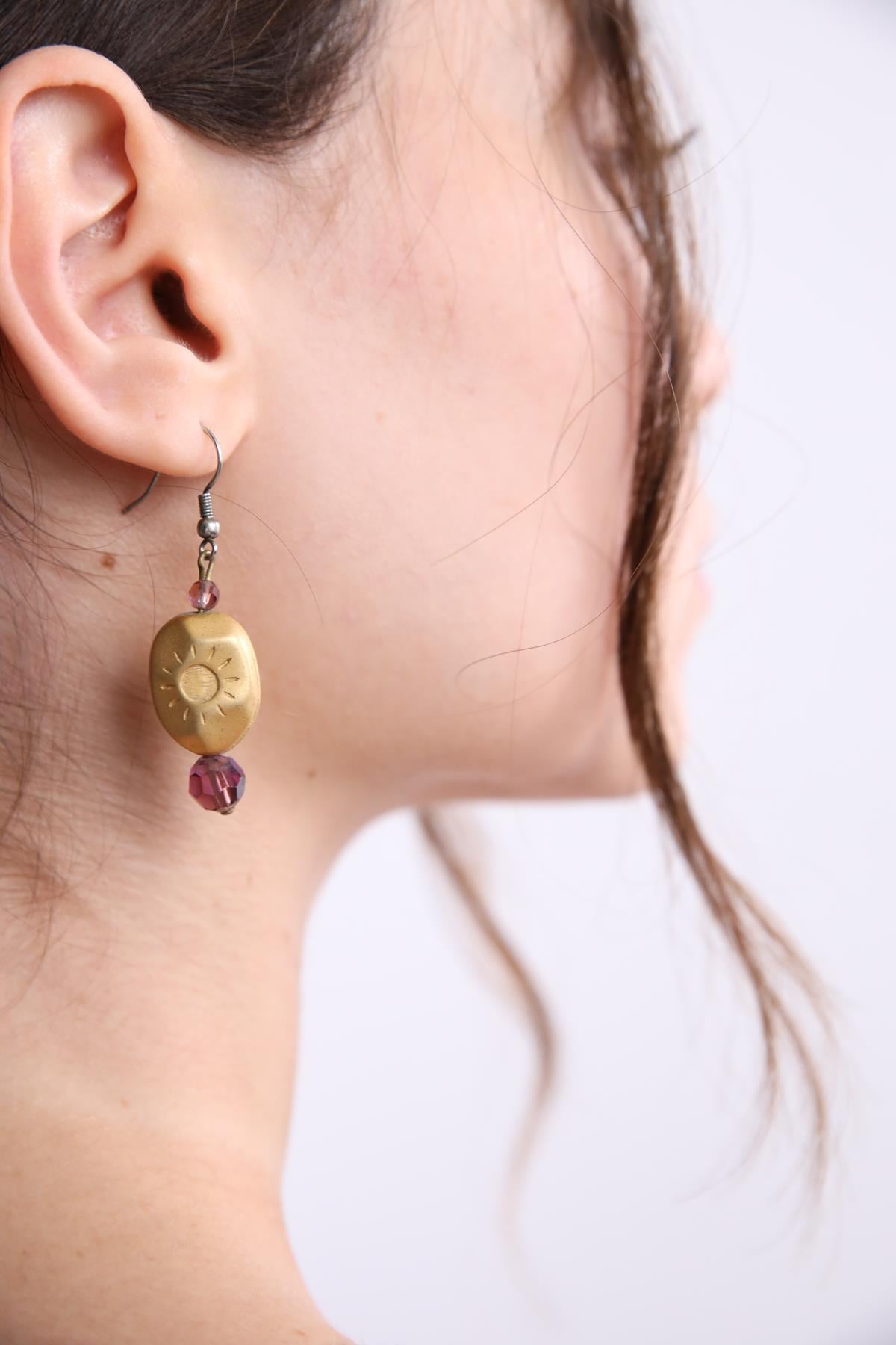 Güneş Motifli Bronz Tasarım Boncuklu Küpe - Şaman Butik Güneş Motifli Bronz Tasarım Boncuklu Küpe