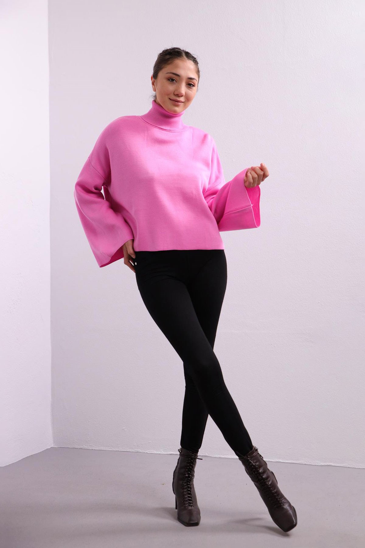 Light Pink Turtleneck Wide Sleeve Loose Knitwear Pullover - Saman Butik |  Shop Online