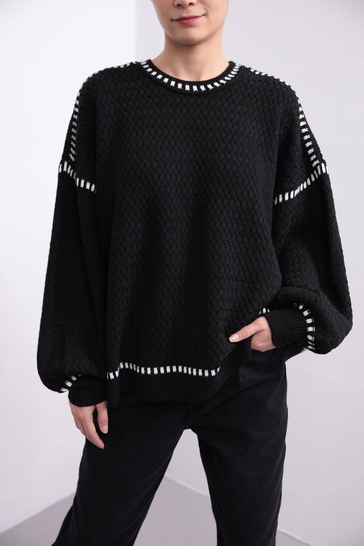 Siyah Desenli Oversize Kazak - Şaman Butik Siyah Desenli Oversize Kazak