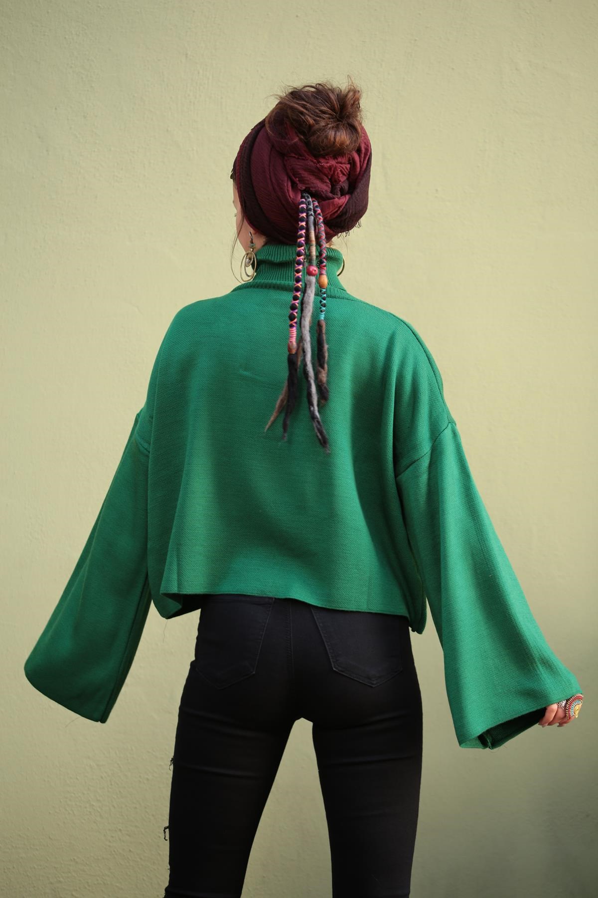 Emerald Green Turtleneck Wide Sleeve Loose Knitwear Pullover - Saman Butik  | Shop Online