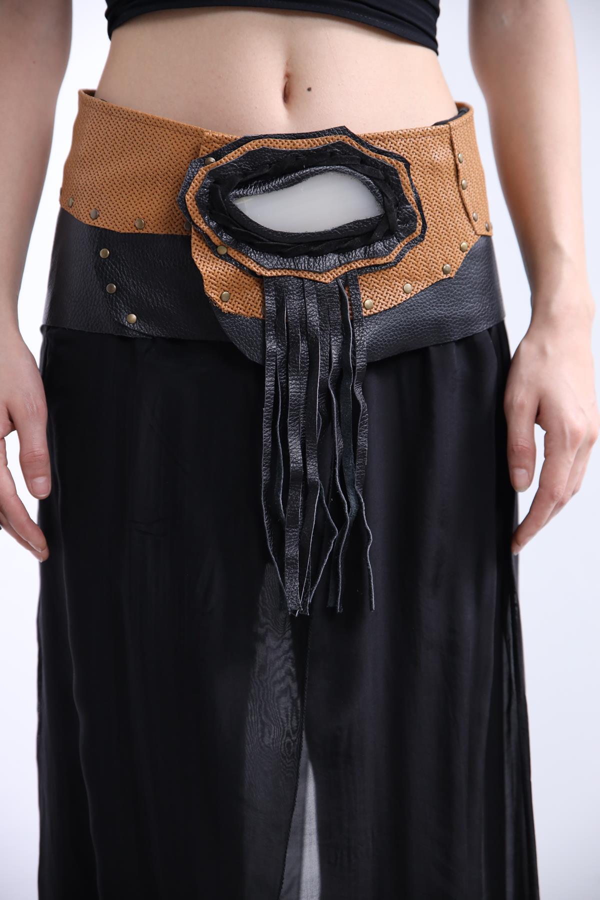 Siyah Doğal Taşlı Deri Kemer - Şaman Butik Siyah Doğal Taşlı Deri Kemer