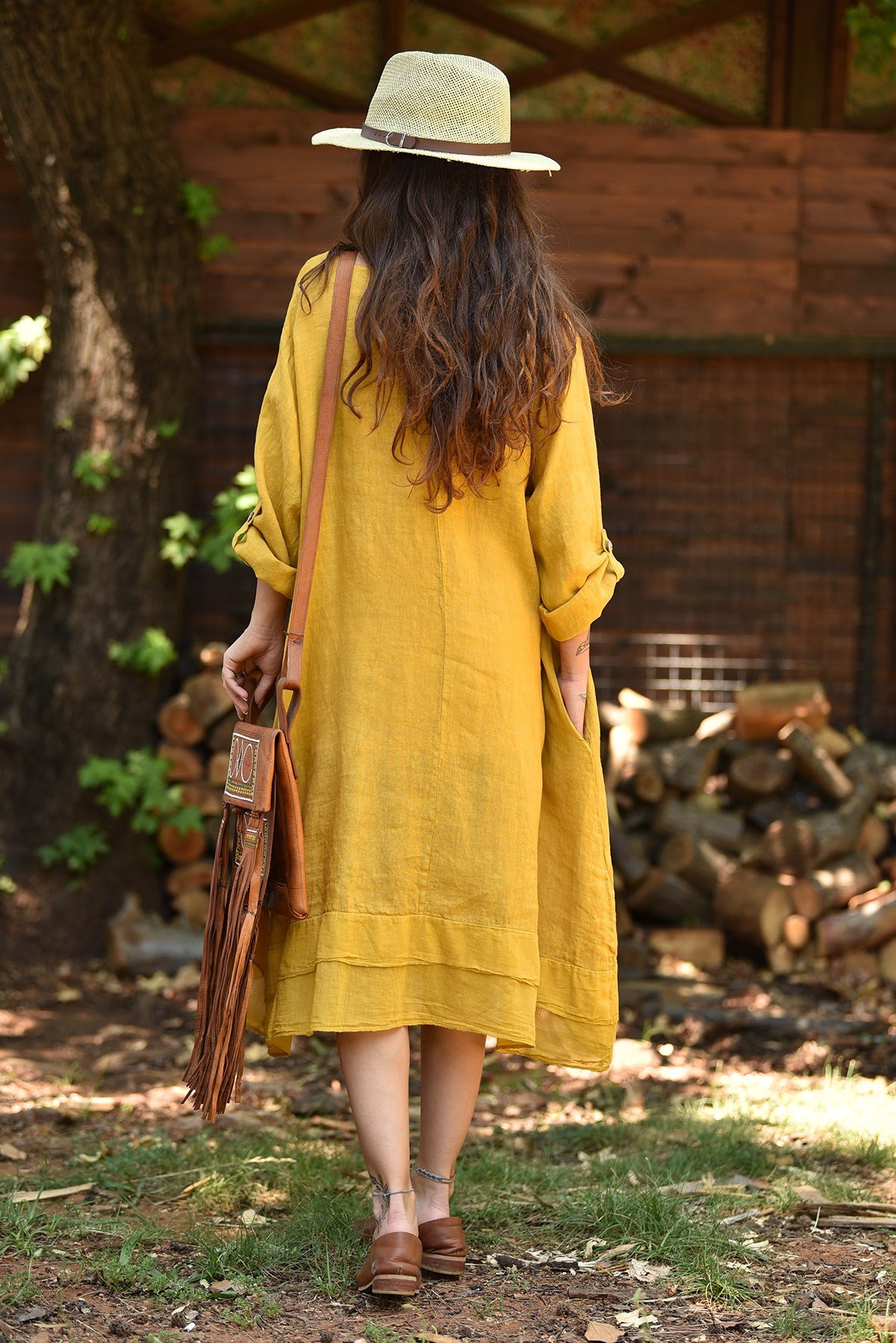 Hardal Pamuk Detaylı Keten Midi Elbise - Şaman Butik - Bohem Giyim ve  Aksesuar | Kadın & Erkek