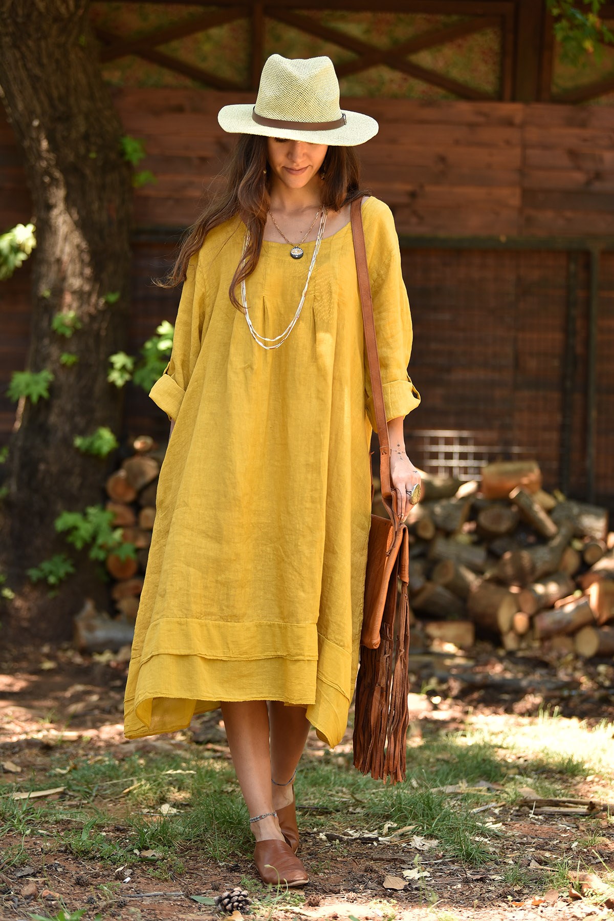 Mustard Linen Midi Dress - Şaman Butik | Boho Fashion