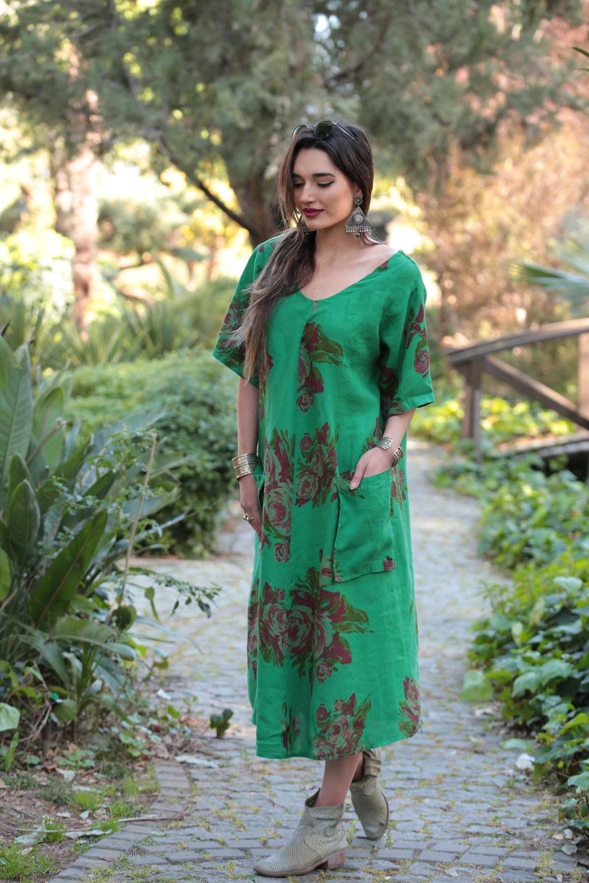 Green Floral V Neck Linen Dress - Şaman Butik | Boho Fashion