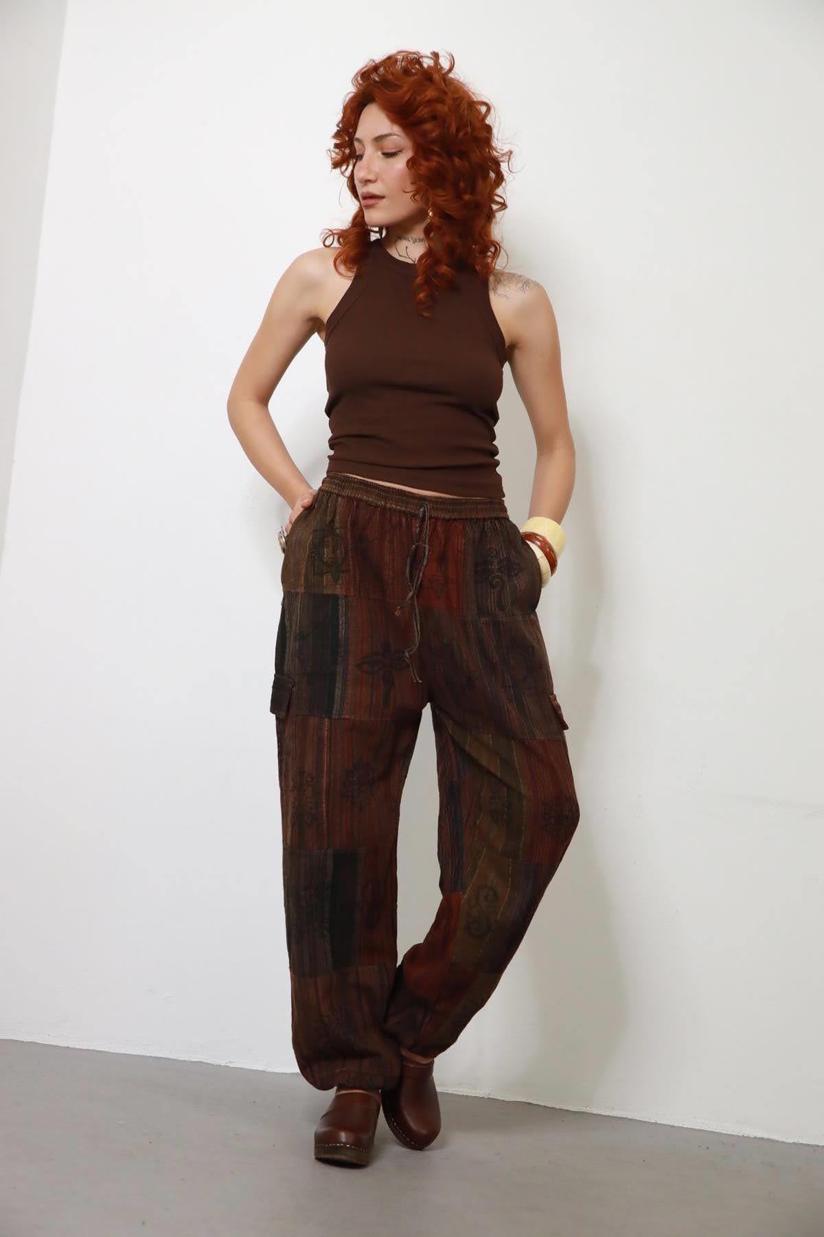 Kiremit Rengi Patchwork Yıkama Kargo Pantolon