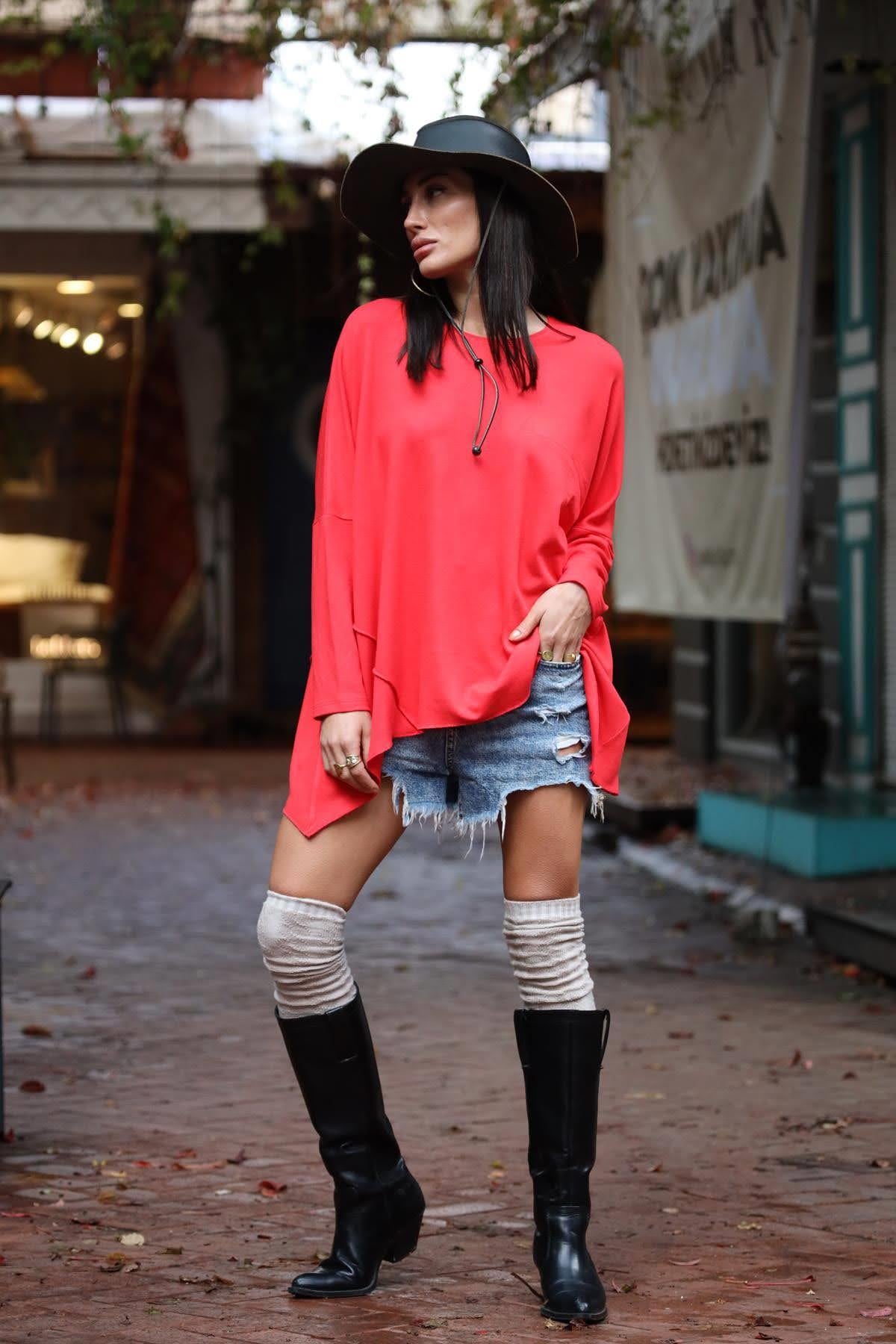 Kırmızı Bisiklet Yaka Parçalı Triko Bluz