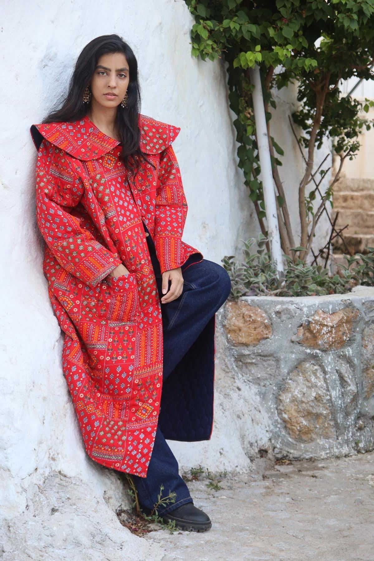 Red Navy Blue Double Sided Patterned Quilted Long Jacket