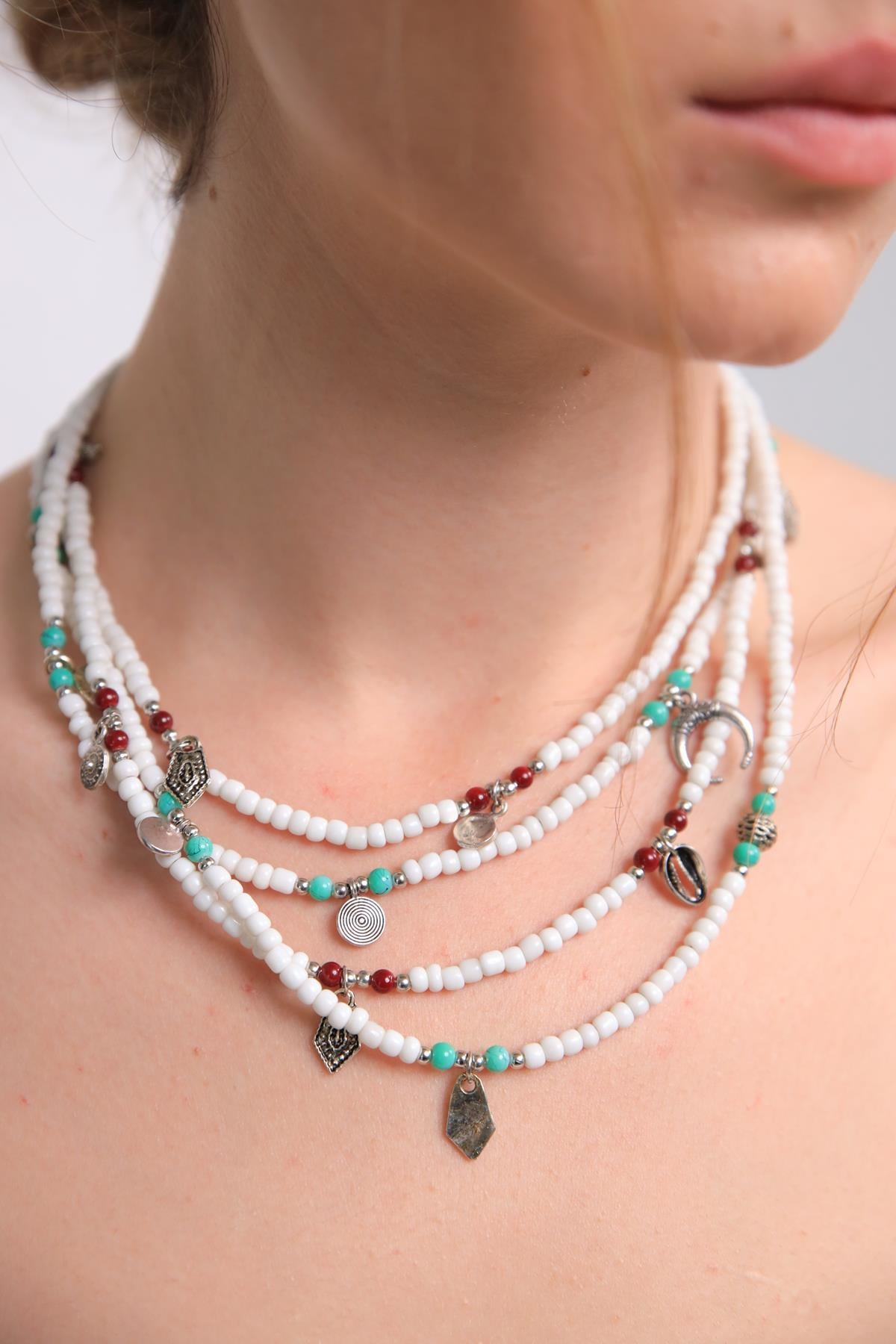 Beyaz Sallantılı Çoklu Kolye - Şaman Butik Beyaz Sallantılı Çoklu Kolye