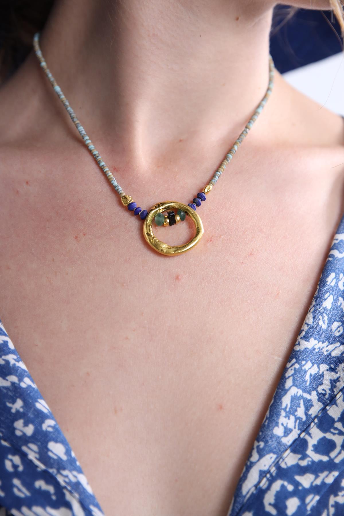 Boncuklu Bronz Tasarım Kolye - Şaman Butik Boncuklu Bronz Tasarım Kolye