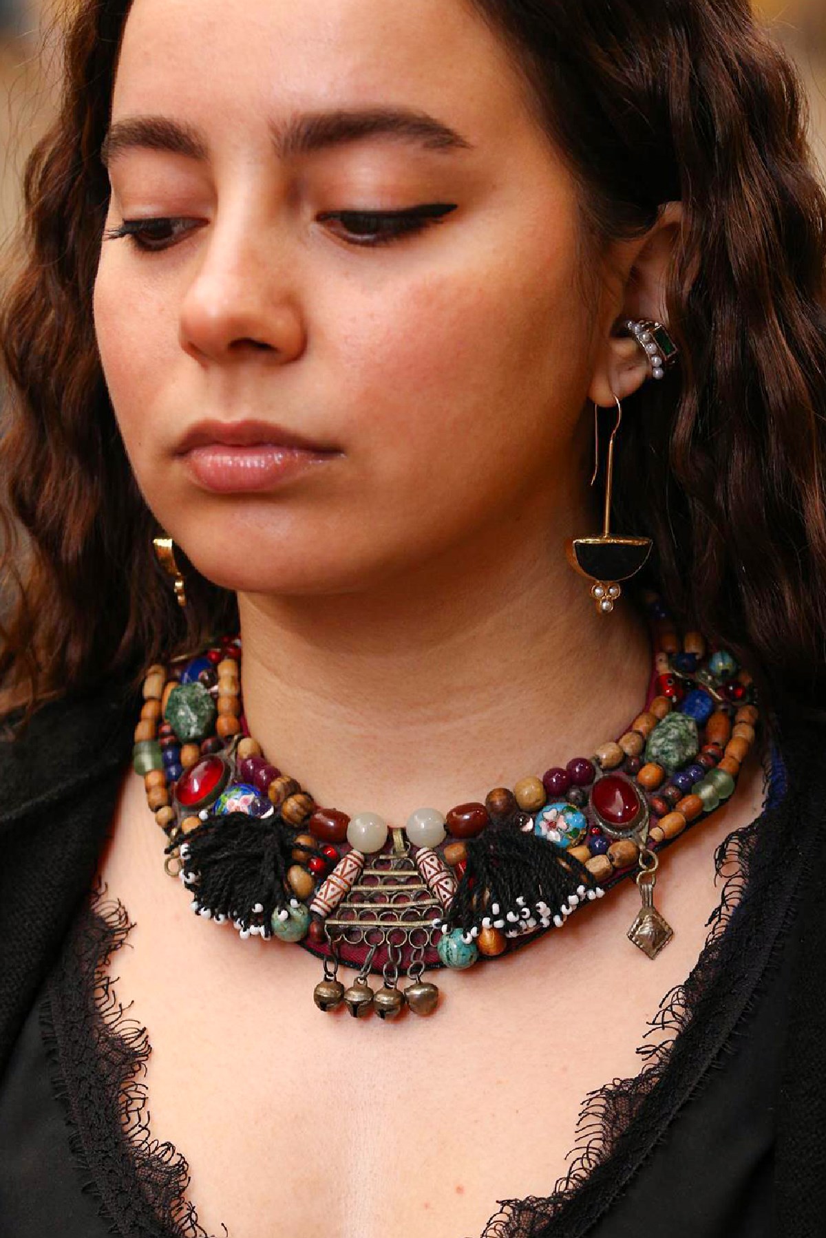 Bordo Tabanlı Antik Parçalı Doğal Taşlı Tasarım Kolye - Şaman Butik Bordo Tabanlı Antik Parçalı Doğal Taşlı Tasarım Kolye