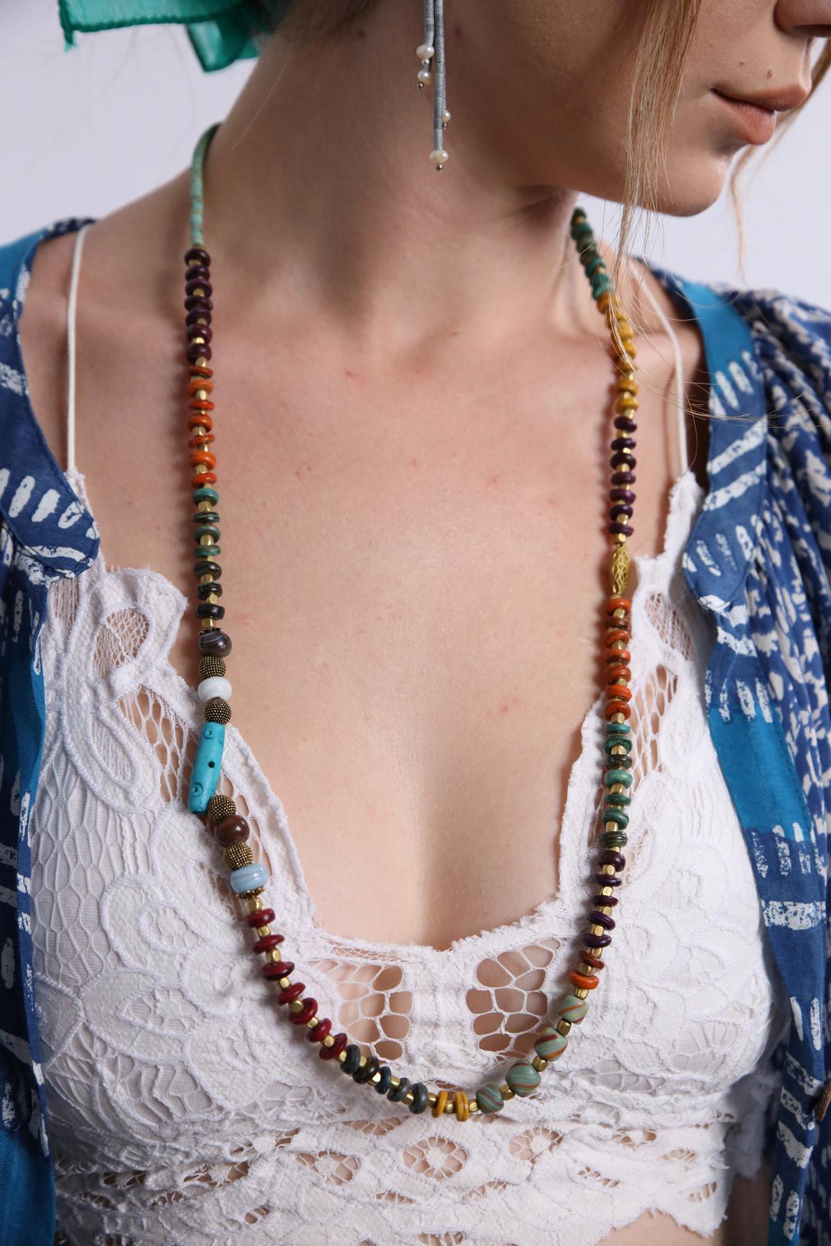 Bronz Boncuk Sıralı Kolye - Şaman Butik Bronz Boncuk Sıralı Kolye