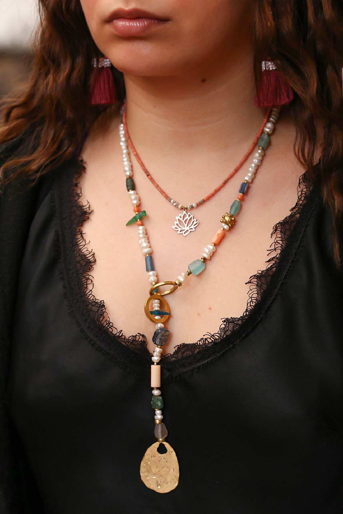 Bronz Detaylı Antika Camlı Su İncisi Tasarım Kolye - Şaman Butik Bronz Detaylı Antika Camlı Su İncisi Tasarım Kolye