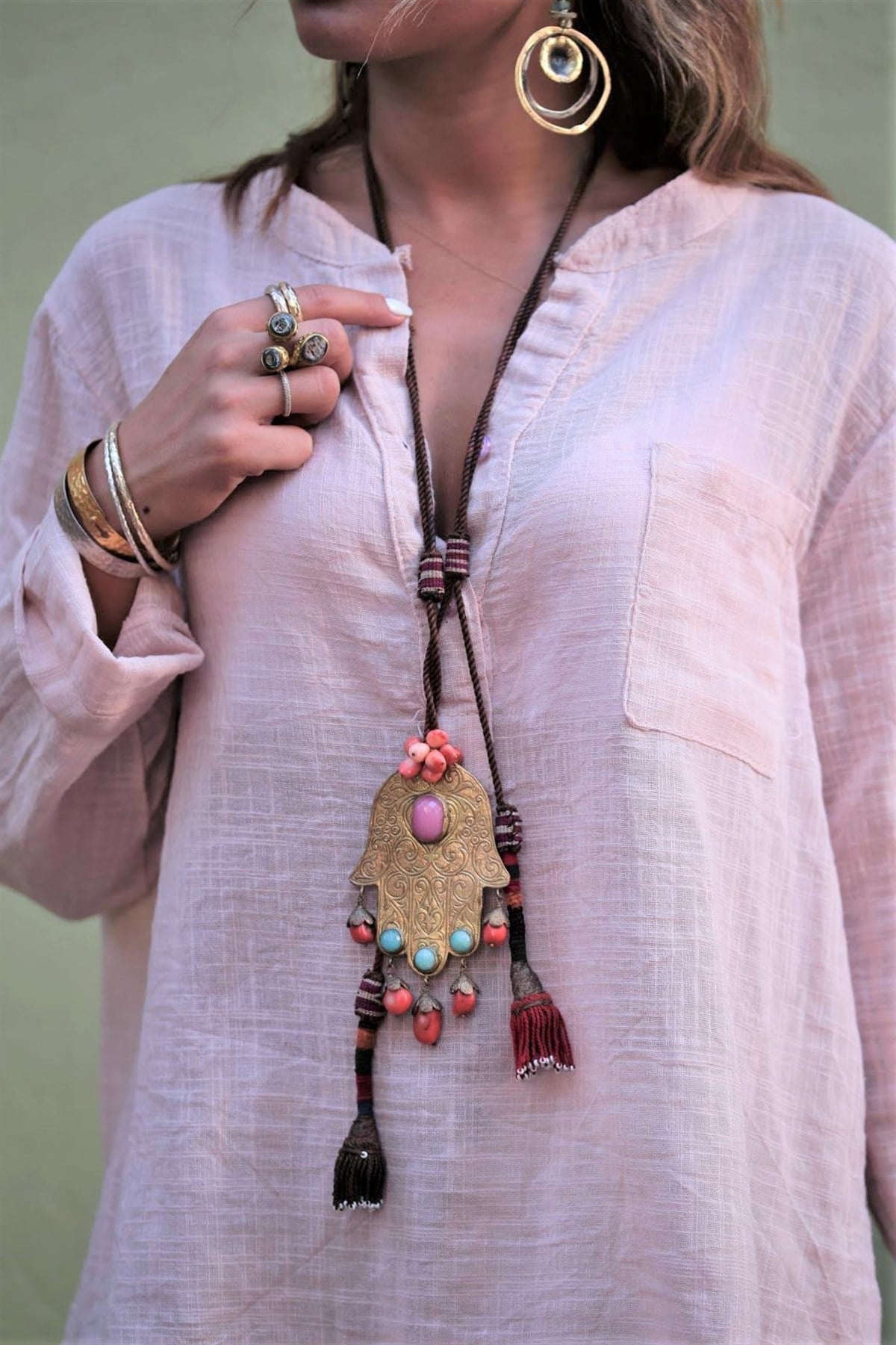 Bronz Fatma'nın Eli Detaylı Antika Tasarım Kolye - Şaman Butik Bronz Fatma'nın Eli Detaylı Antika Tasarım Kolye