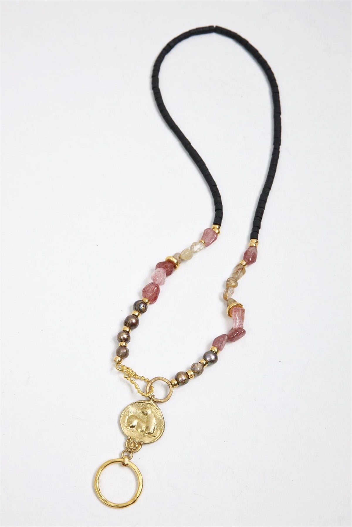  Bronz Figür Detaylı Kuvars Taşlı Eskitme İncili Kolye