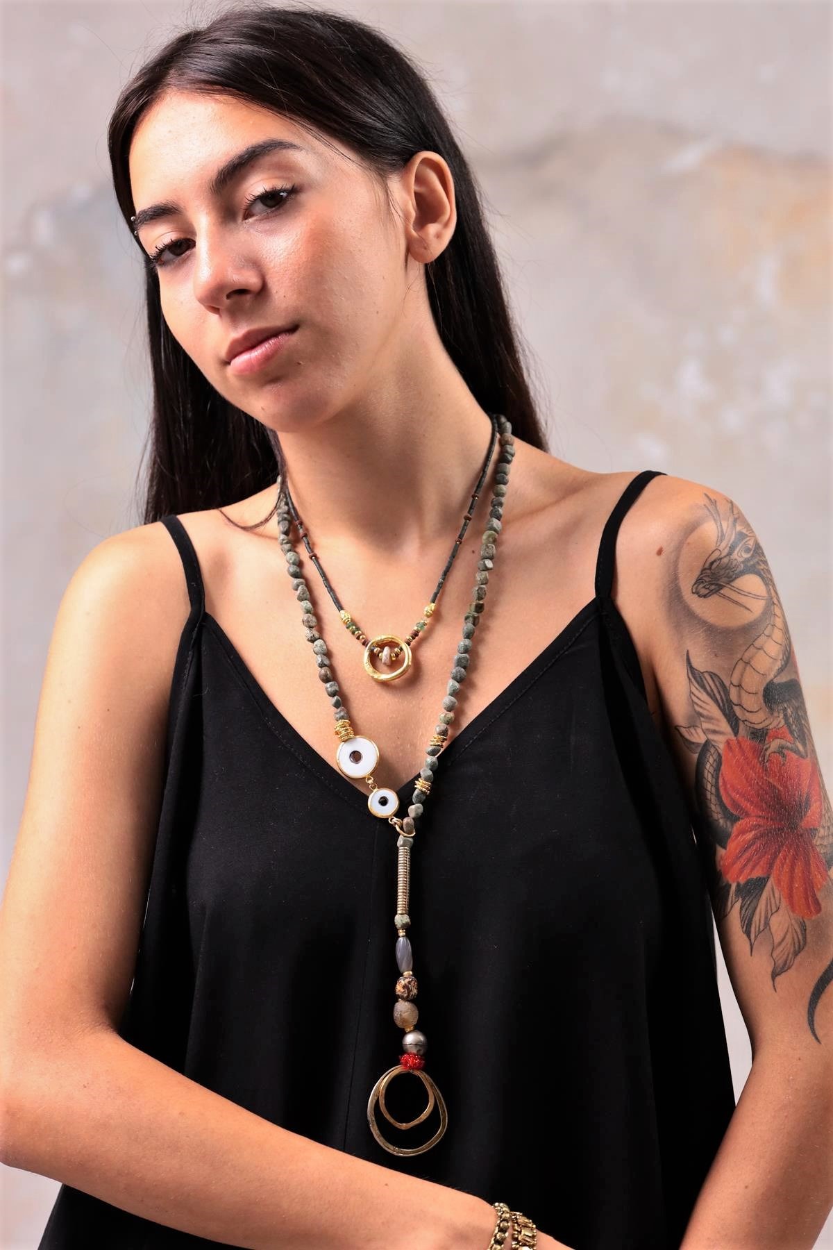  Bronz Halka Tasarım Gümüş Seramik Detaylı Kolye