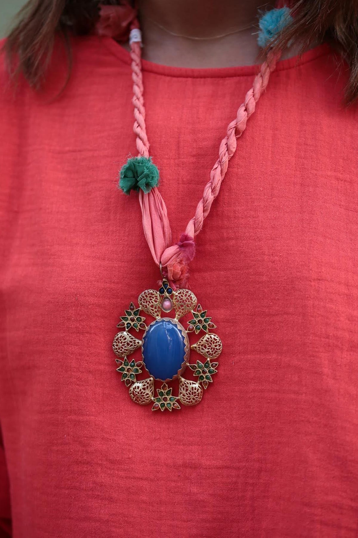 Bronz Motif Detaylı Doğal Taşlı Tasarım Kolye - Şaman Butik Bronz Motif Detaylı Doğal Taşlı Tasarım Kolye