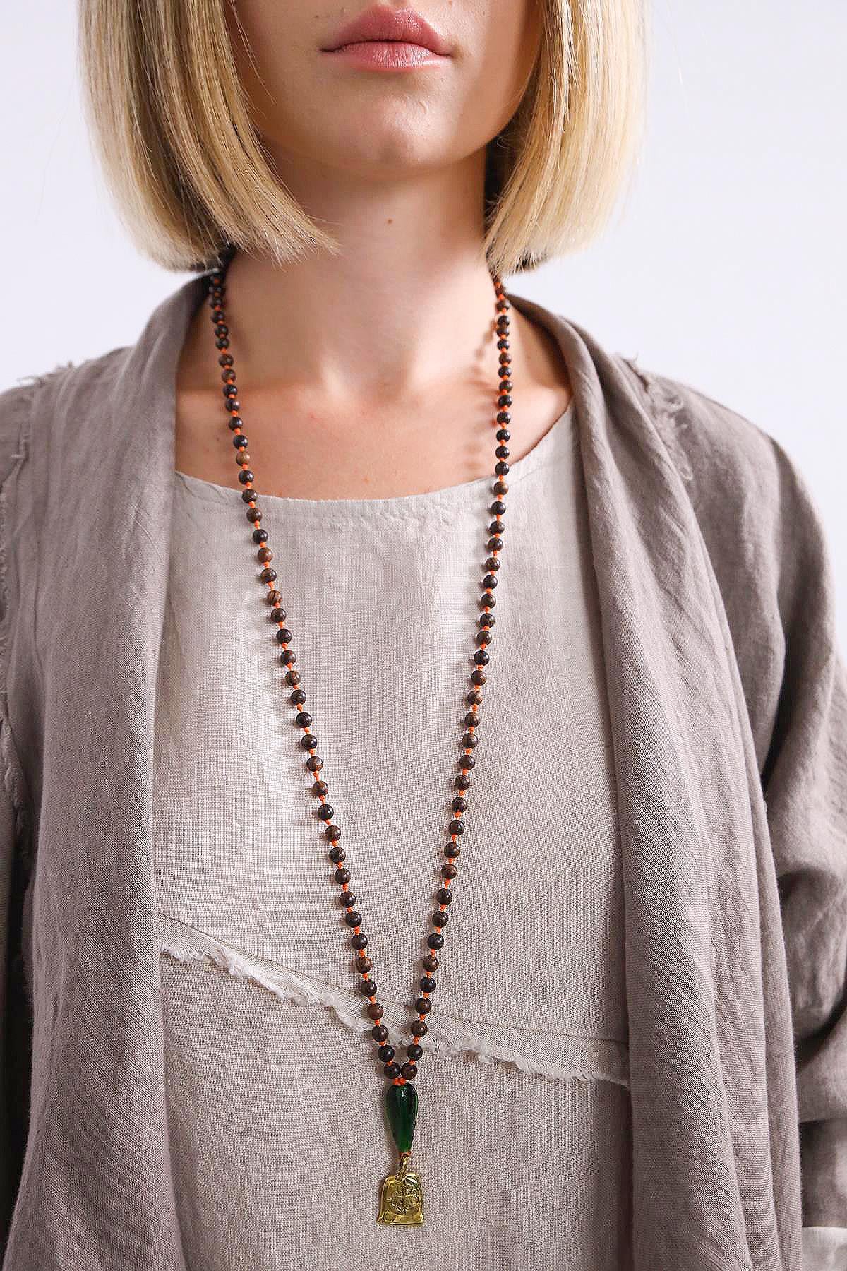 Bronz Parça Detaylı Ahşap Kolye - Şaman Butik Bronz Parça Detaylı Ahşap Kolye