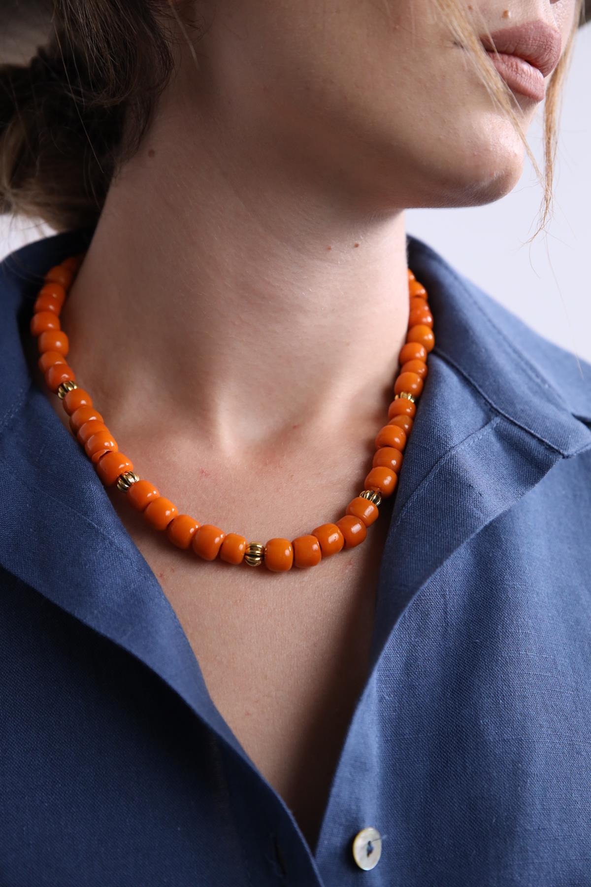 Bronz Parçalı Tasarım Turuncu Kolye - Şaman Butik Bronz Parçalı Tasarım Turuncu Kolye