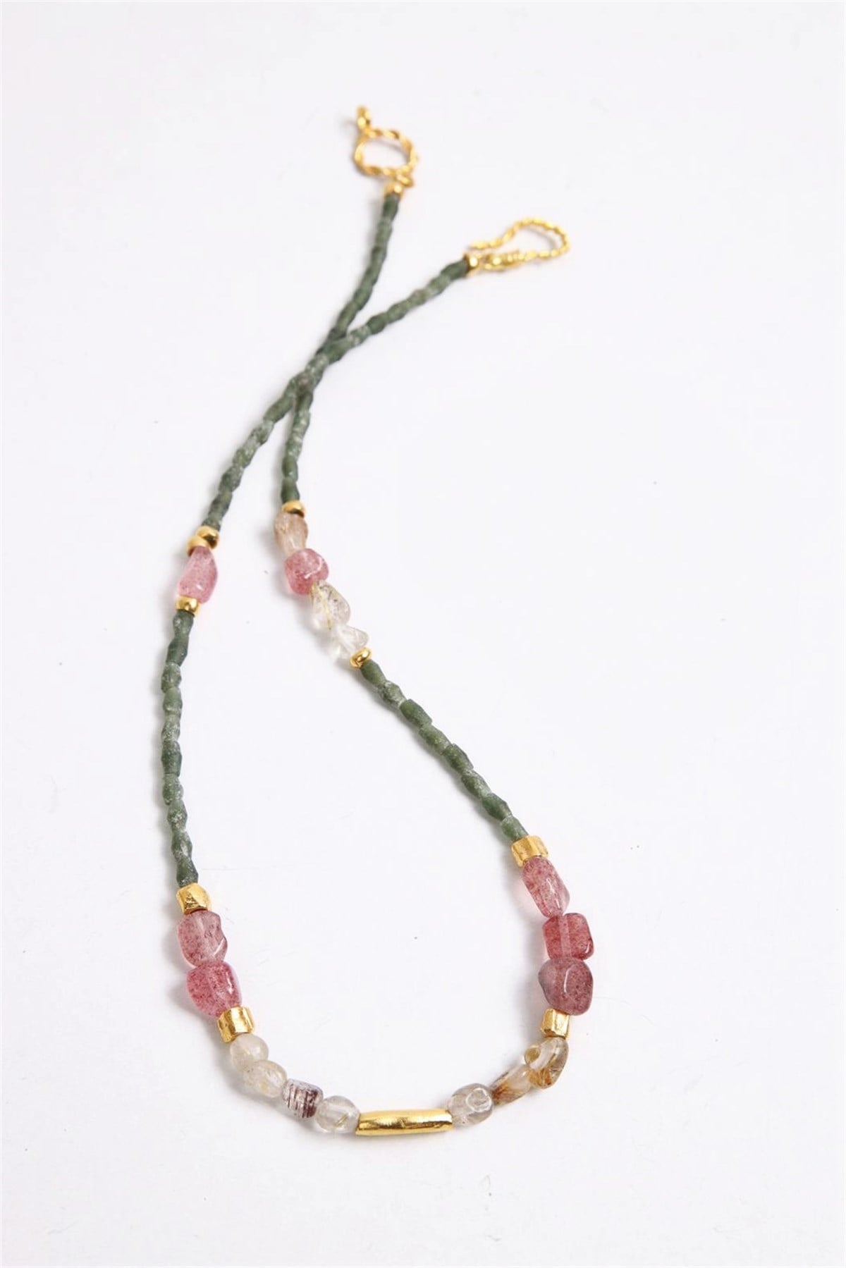  Bronz Parçalı Yeşim Ve Kuvars Taşlı Tasarım Kolye