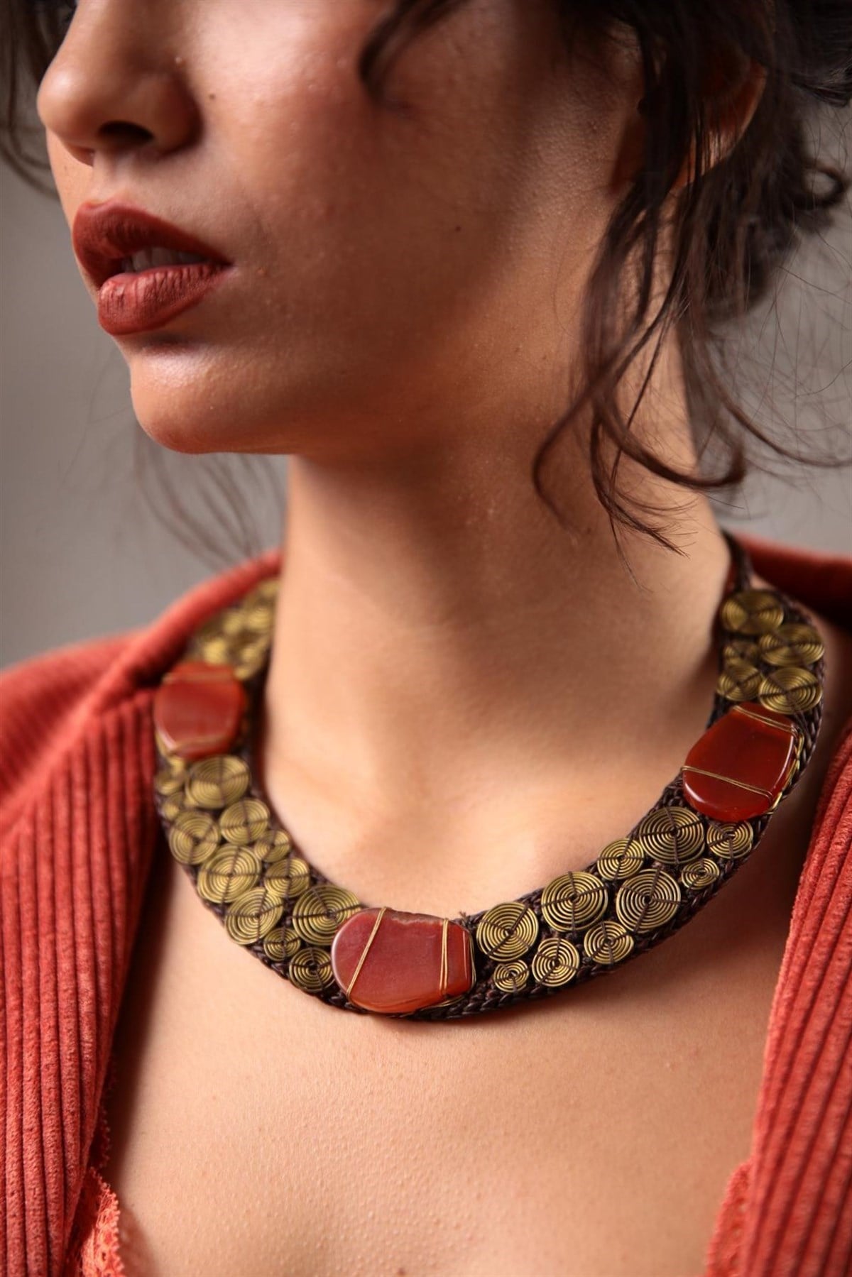 Bronz Ve Akik Taşlı Tasarım Tasma Kolye - Şaman Butik Bronz Ve Akik Taşlı Tasarım Tasma Kolye