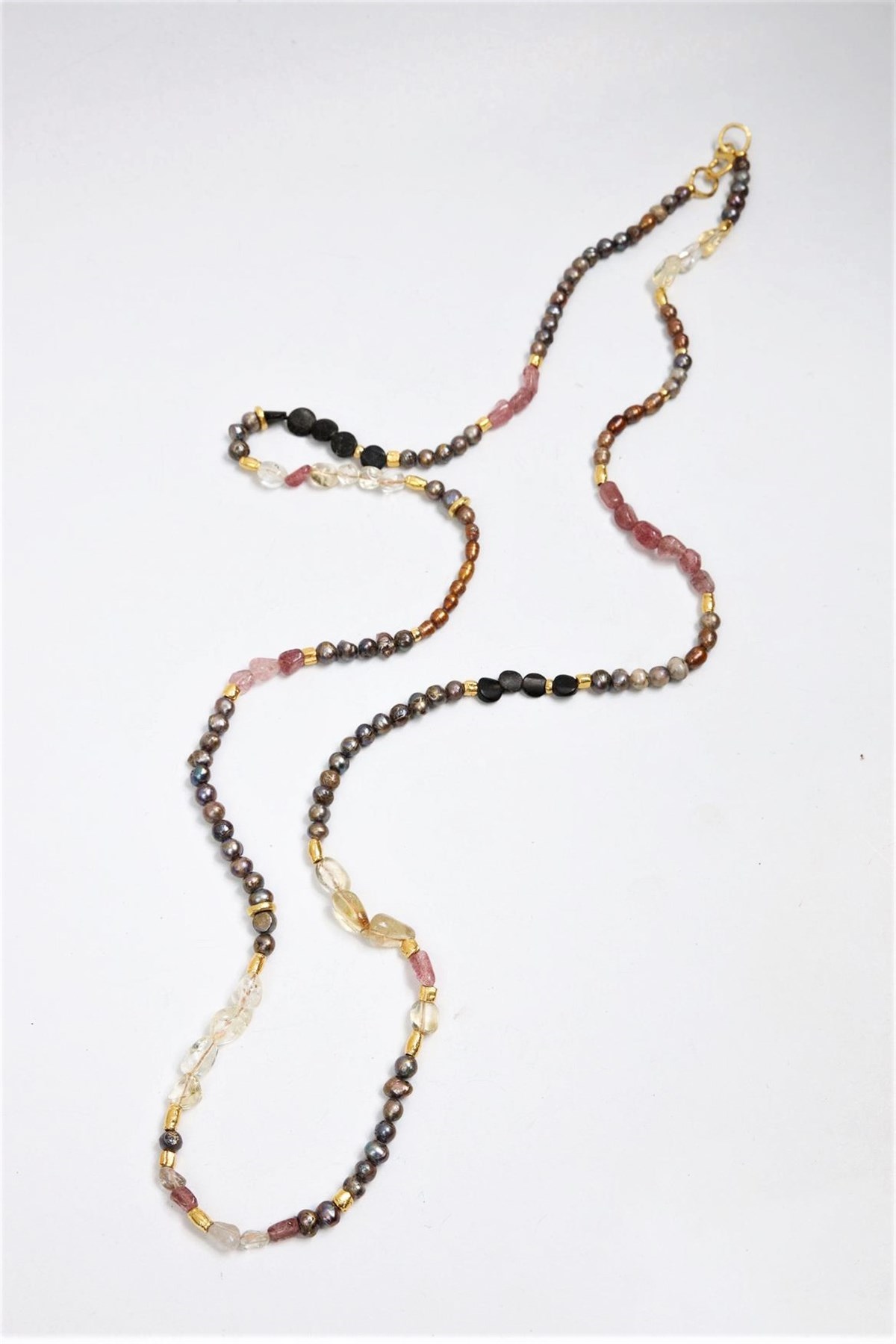  Bronz Ve Eskitme İnci Detaylı Kuvars Taşlı Tasarım Kolye