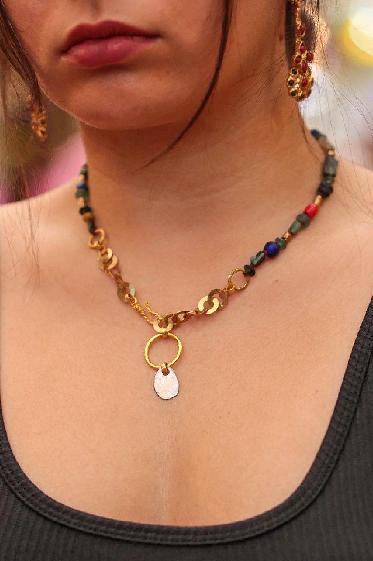 Bronz Ve Gümüş Parçalı Antika Camlı Tasarım Kolye - Şaman Butik Bronz Ve Gümüş Parçalı Antika Camlı Tasarım Kolye