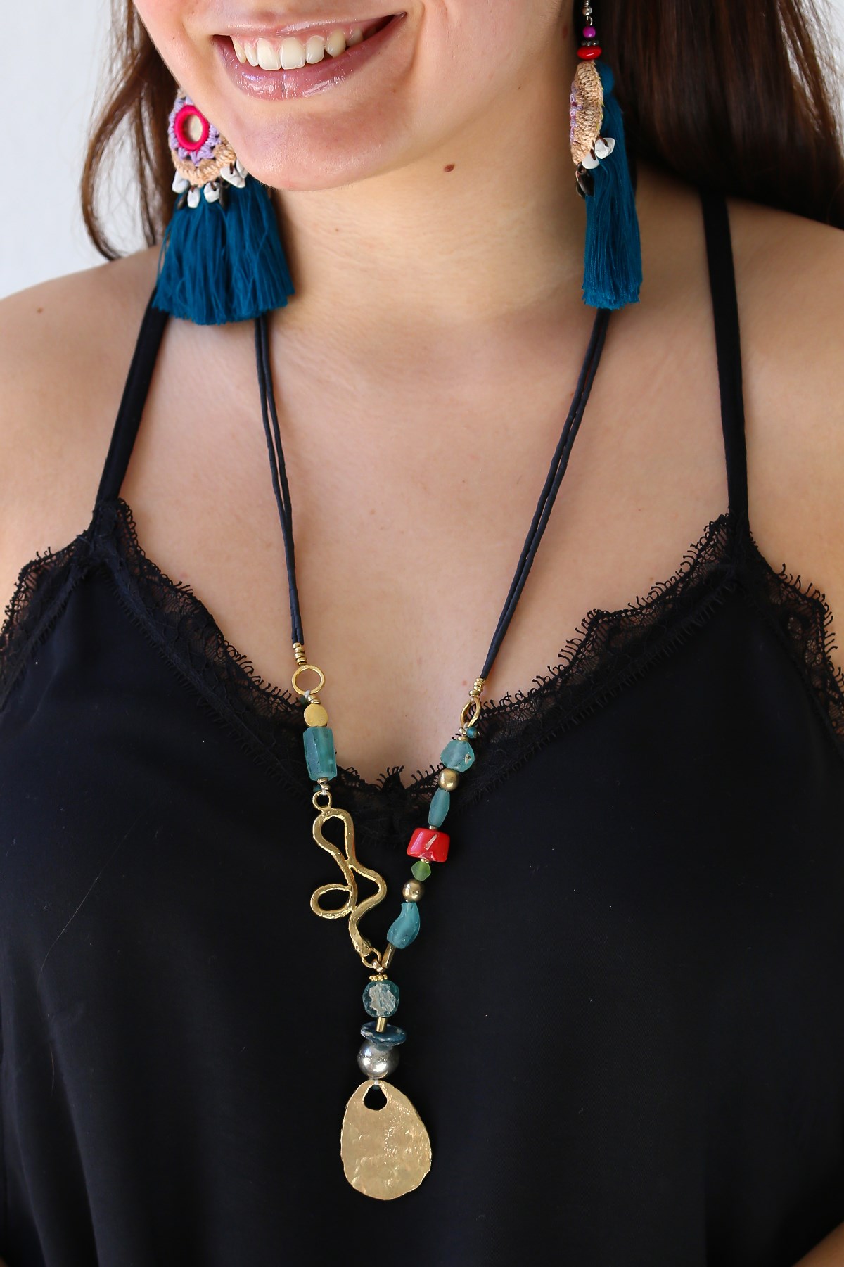 Bronz Yılan Detay Antika Cam Tasarım Kolye - Şaman Butik Bronz Yılan Detay Antika Cam Tasarım Kolye