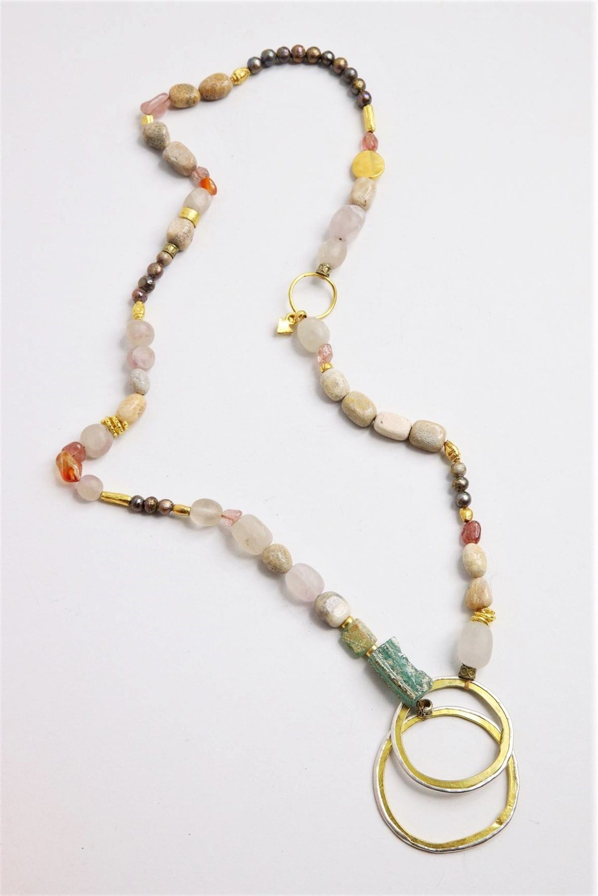  Çift Gümüş Bronz Halkalı Antika Camlı Granit Ve Kuvars Taşlı Tasarım Kolye