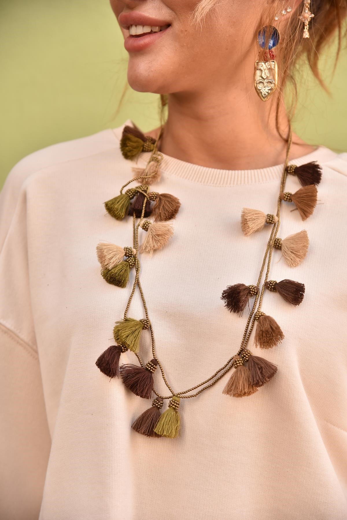 Kahve Püsküllü Çift Katlı Bronz Kolye - Şaman Butik Kahve Püsküllü Çift Katlı Bronz Kolye