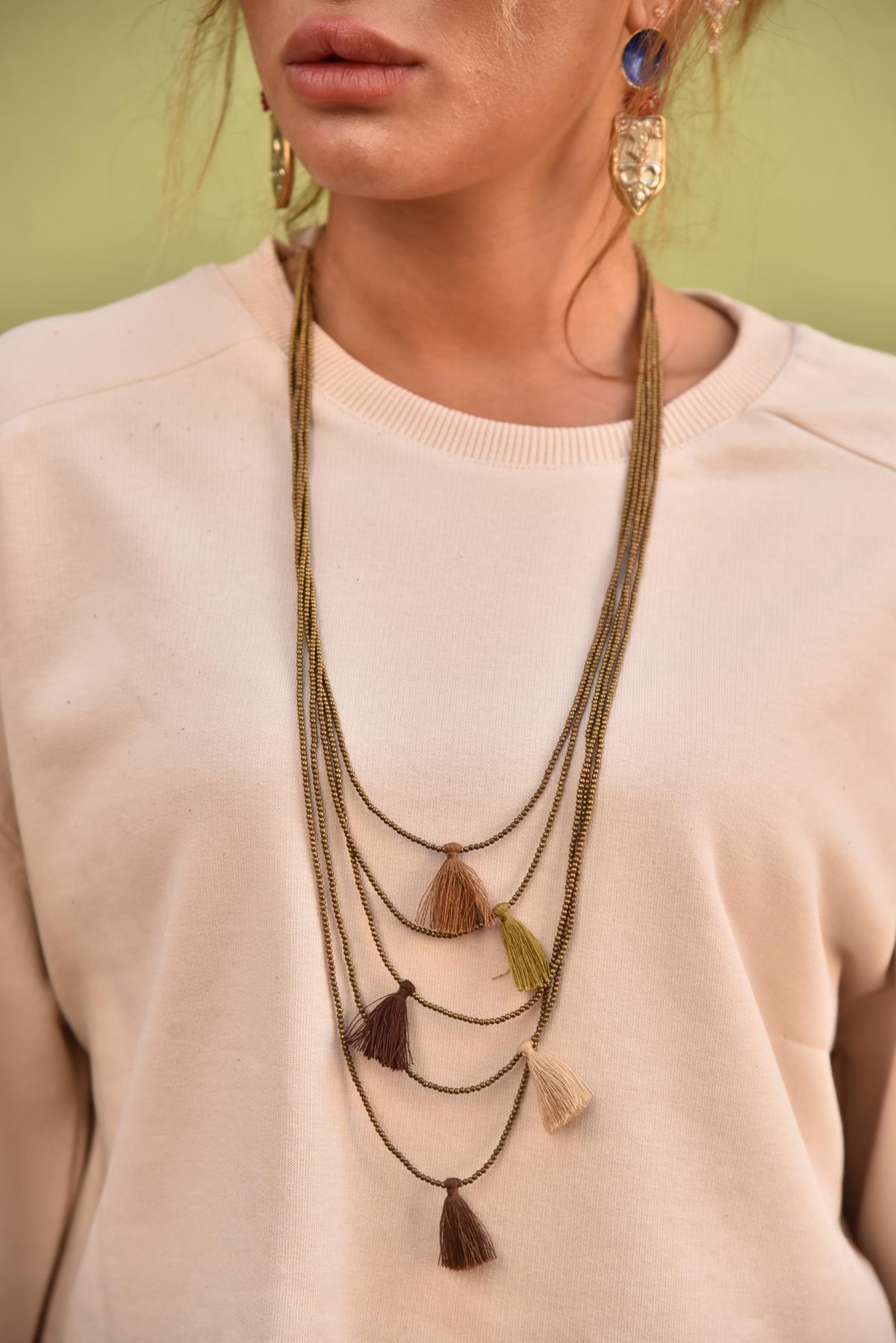 Kahve Püsküllü Katlı Bronz Kolye - Şaman Butik Kahve Püsküllü Katlı Bronz Kolye