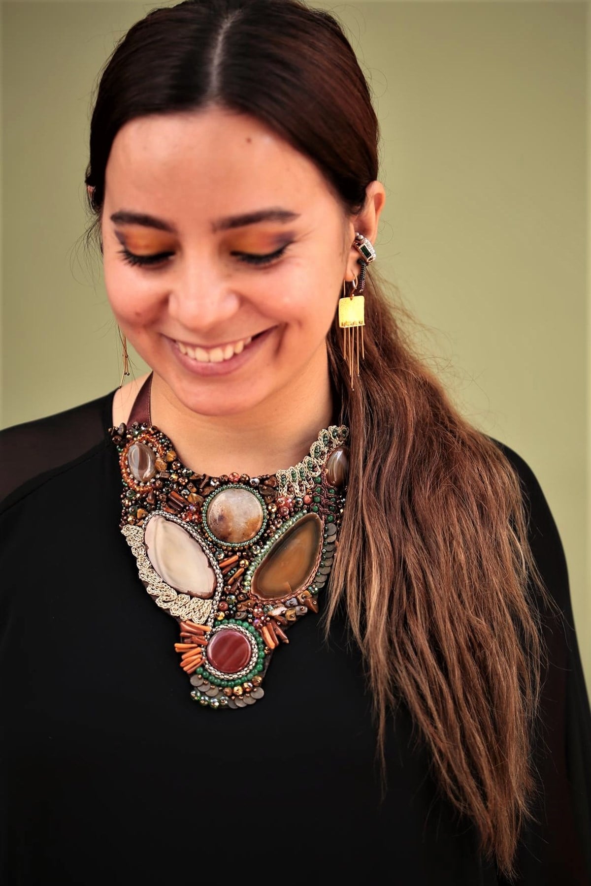 Kaplan Gözü Taşlı Boncuk İşlemeli Tasarım Kolye - Şaman Butik Kaplan Gözü Taşlı Boncuk İşlemeli Tasarım Kolye