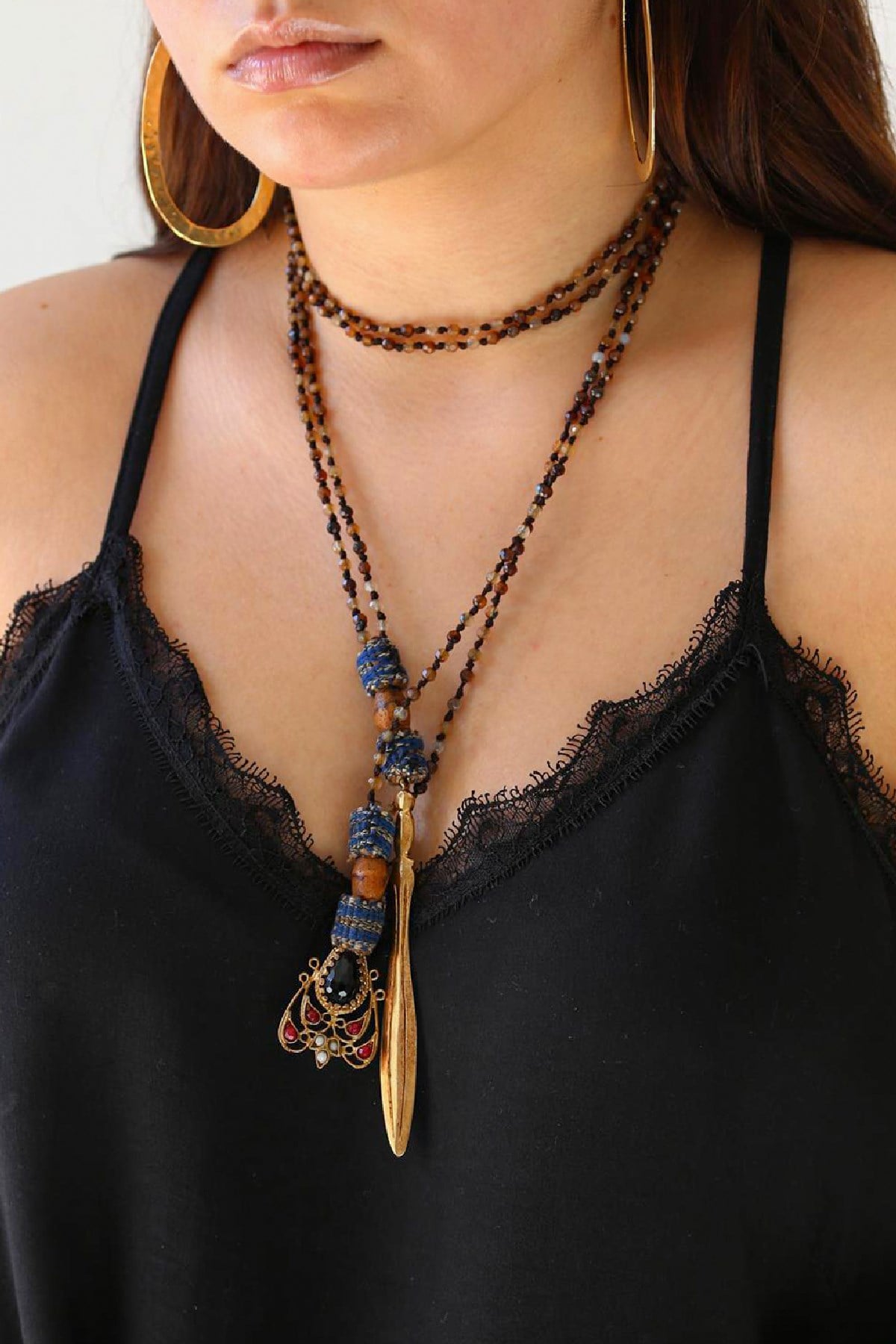 Kaplan Gözü Taşlı Bronz Detaylı Şal Kolye - Şaman Butik Kaplan Gözü Taşlı Bronz Detaylı Şal Kolye