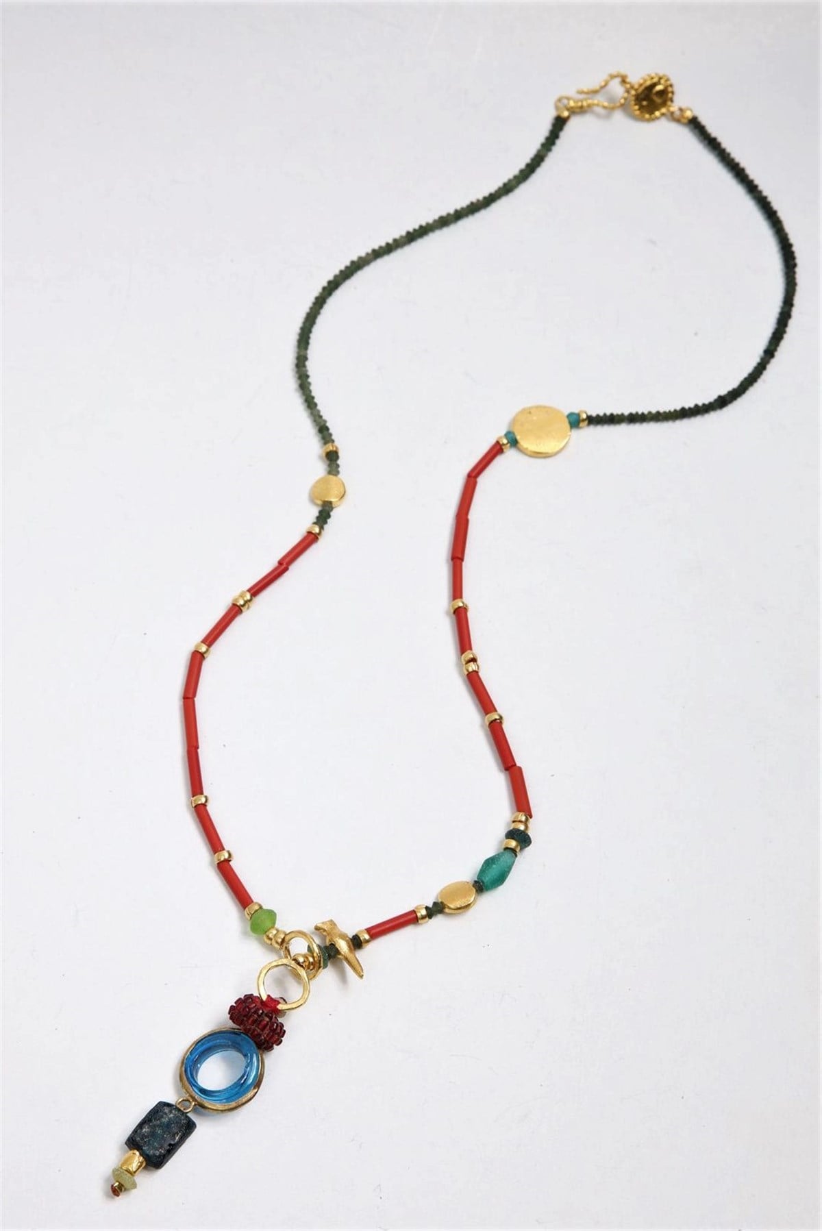  Kırmızı Böğürtlen Tasarım Bronz Mercan Ve Yeşim Taşlı Kolye